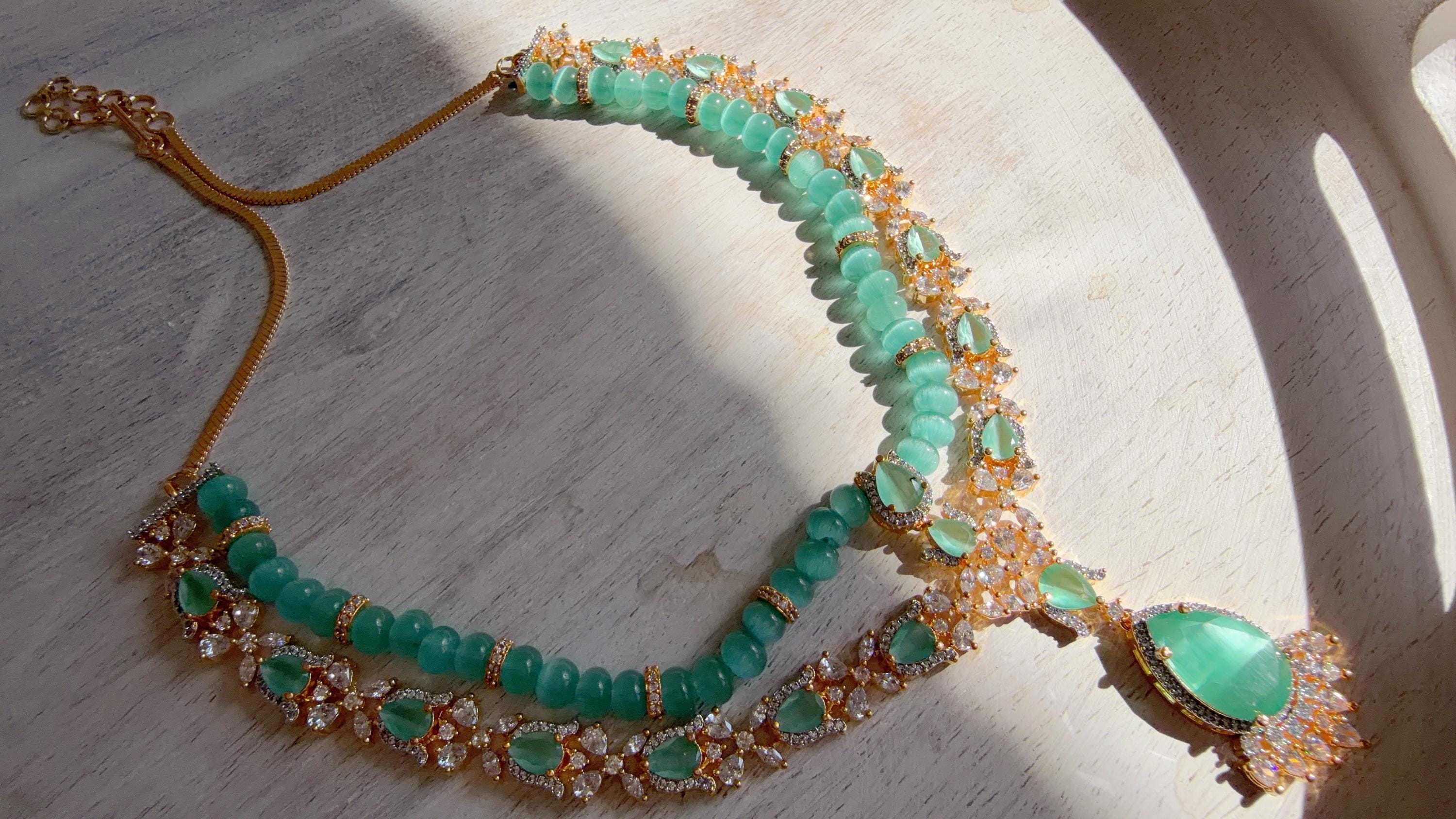 Mint 2 Layer Two-Tone CZ Diamond Necklace Set | Double Strand Bridal Necklace with Matching Earrings - Bella