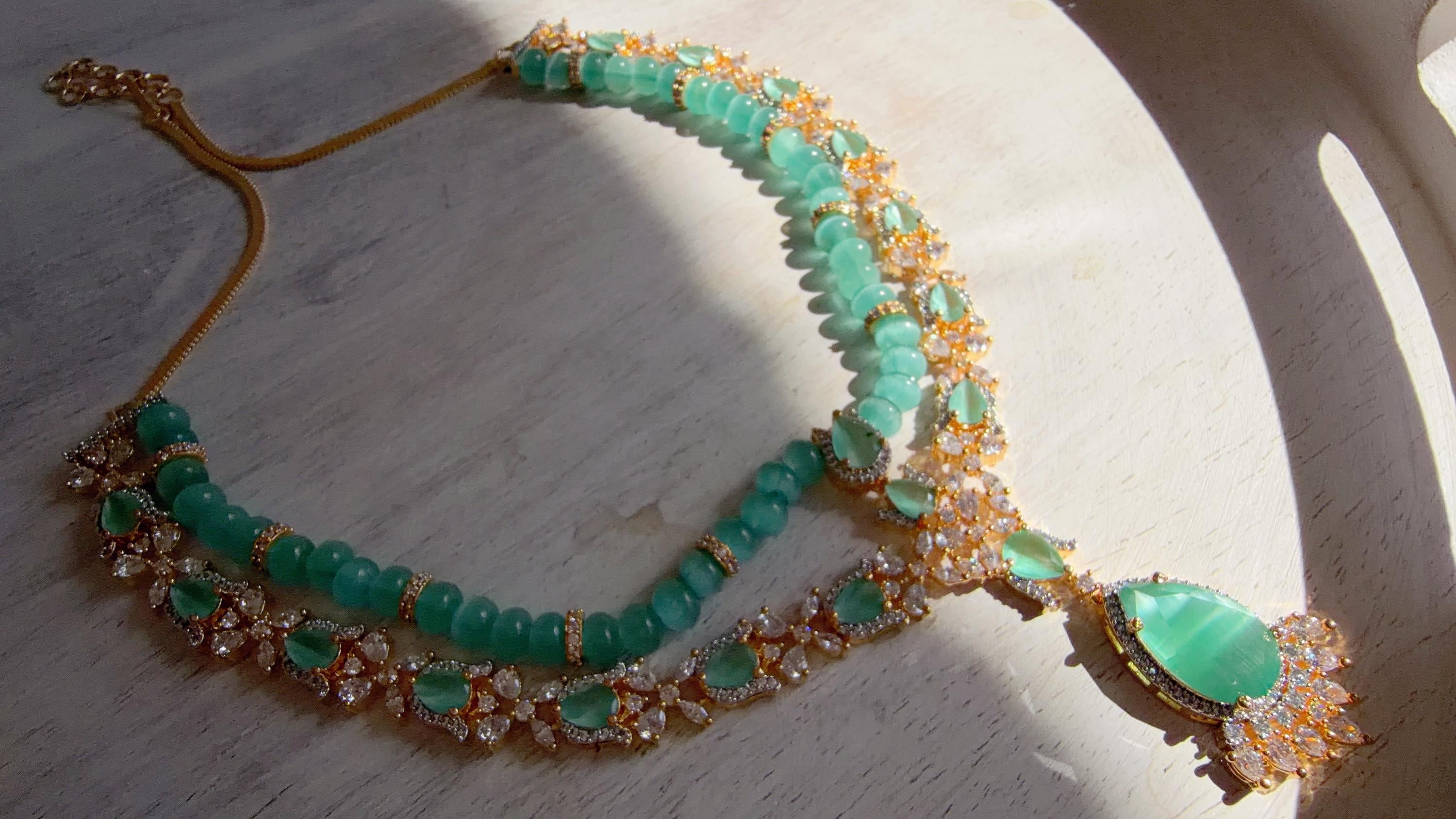 Mint 2 Layer Two-Tone CZ Diamond Necklace Set | Double Strand Bridal Necklace with Matching Earrings - Bella