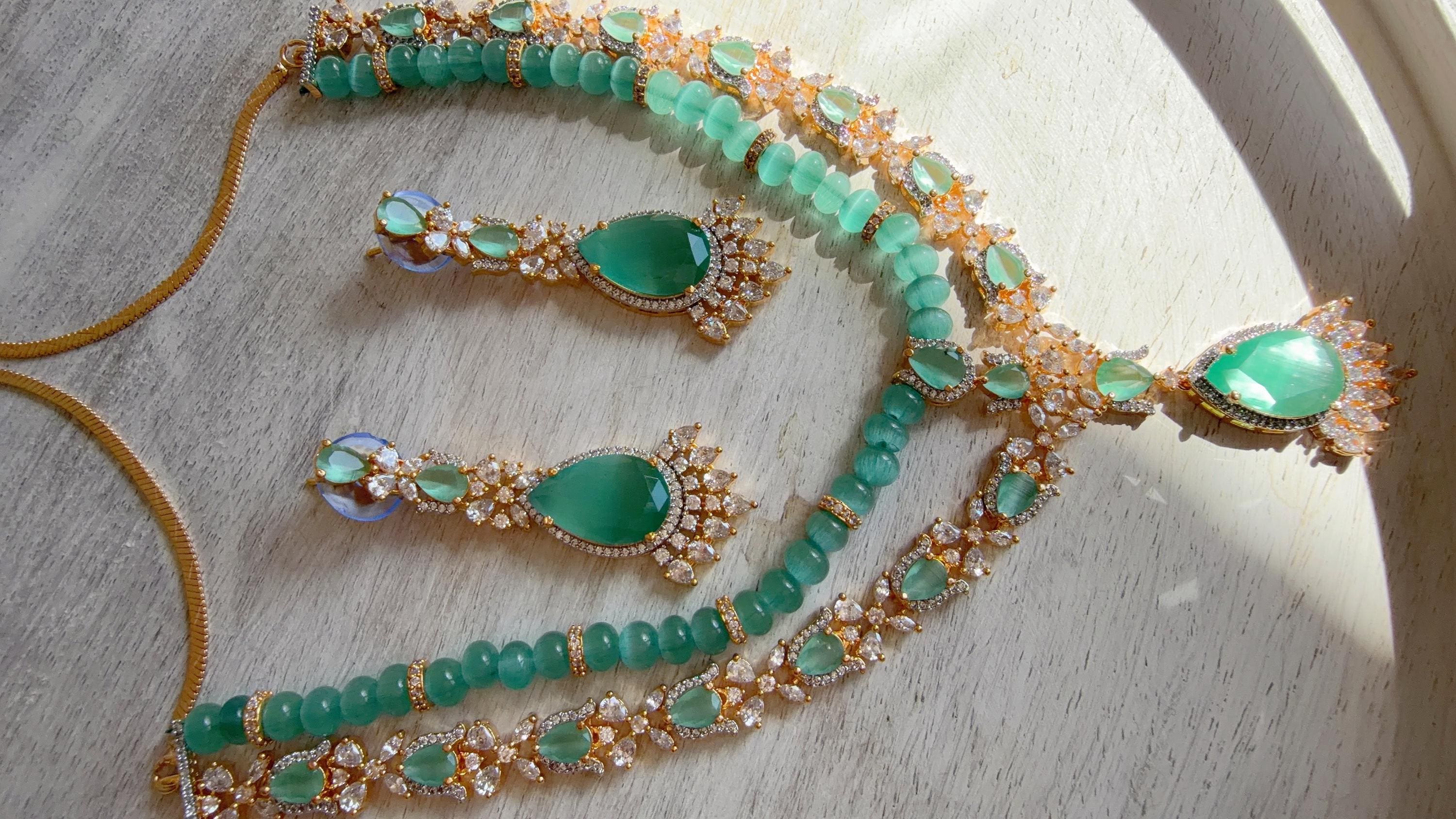 Mint 2 Layer Two-Tone CZ Diamond Necklace Set | Double Strand Bridal Necklace with Matching Earrings - Bella