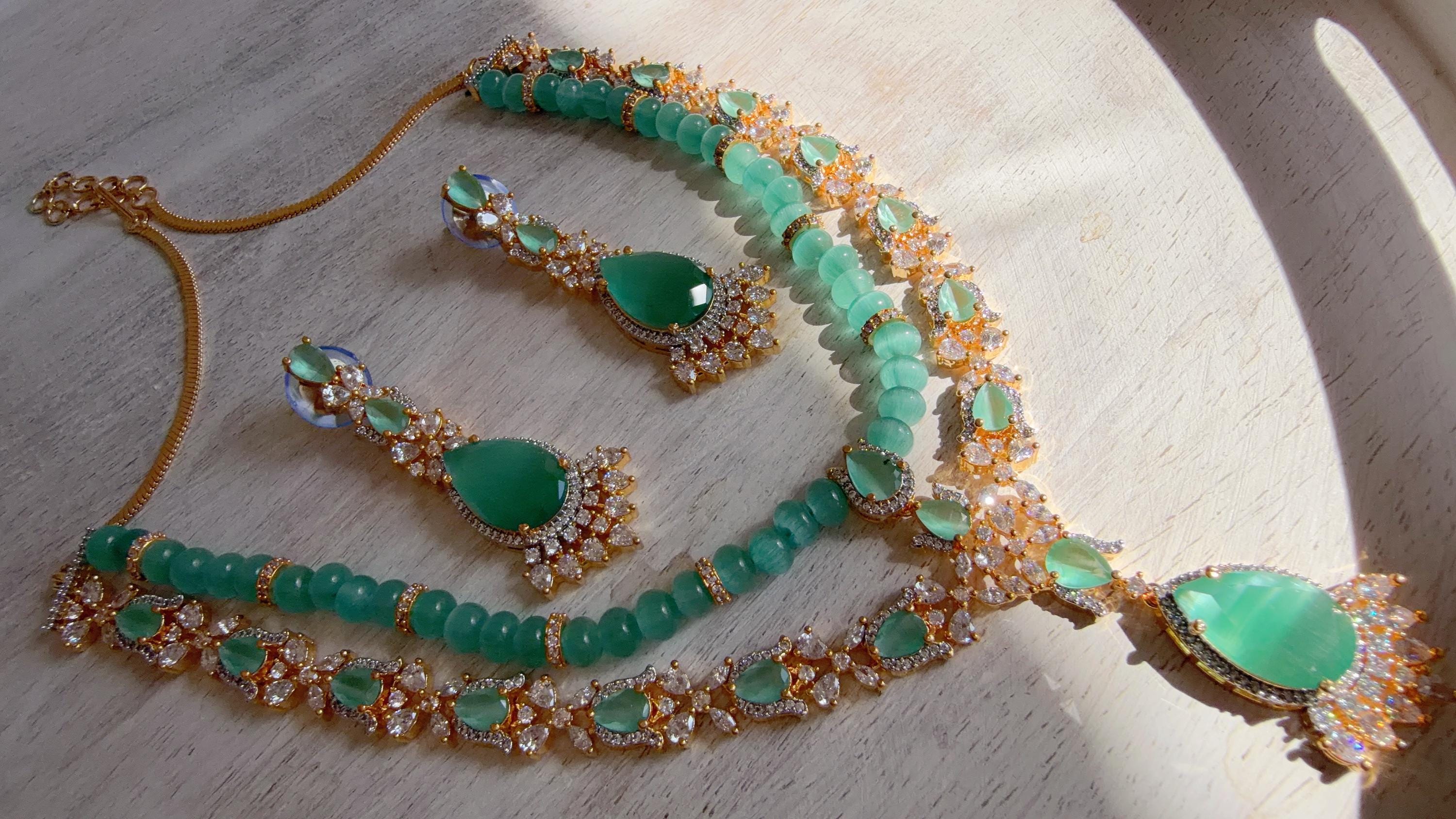 Mint 2 Layer Two-Tone CZ Diamond Necklace Set | Double Strand Bridal Necklace with Matching Earrings - Bella