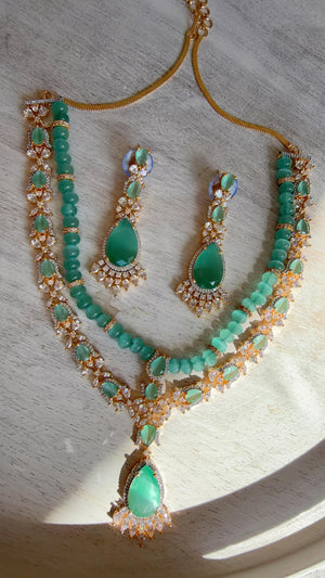 Mint 2 Layer Two-Tone CZ Diamond Necklace Set | Double Strand Bridal Necklace with Matching Earrings - Bella
