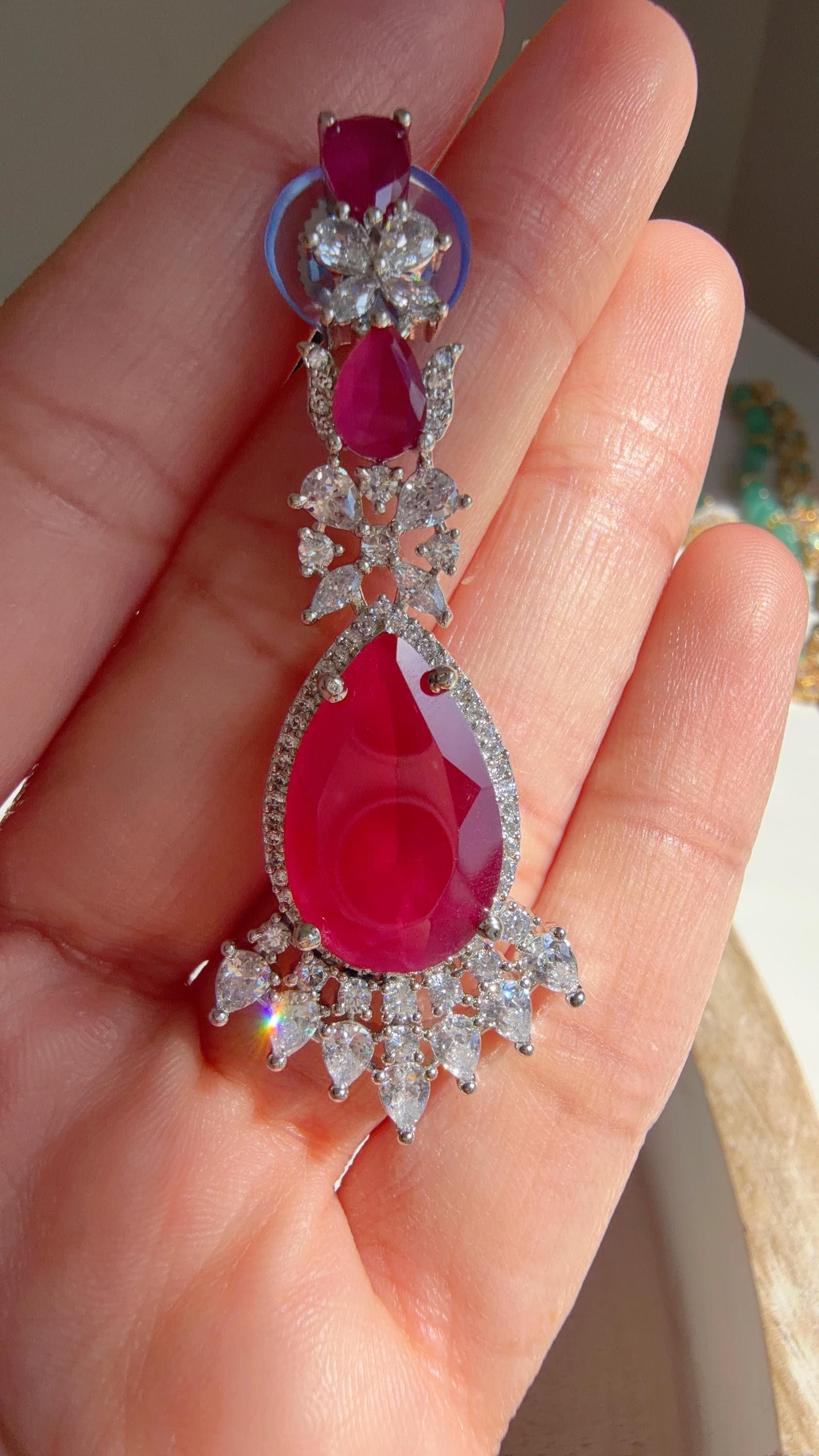 Ruby Rhodium 2 Layer CZ Diamond Necklace Set | Double Strand Bridal Necklace with Matching Earrings - Bella
