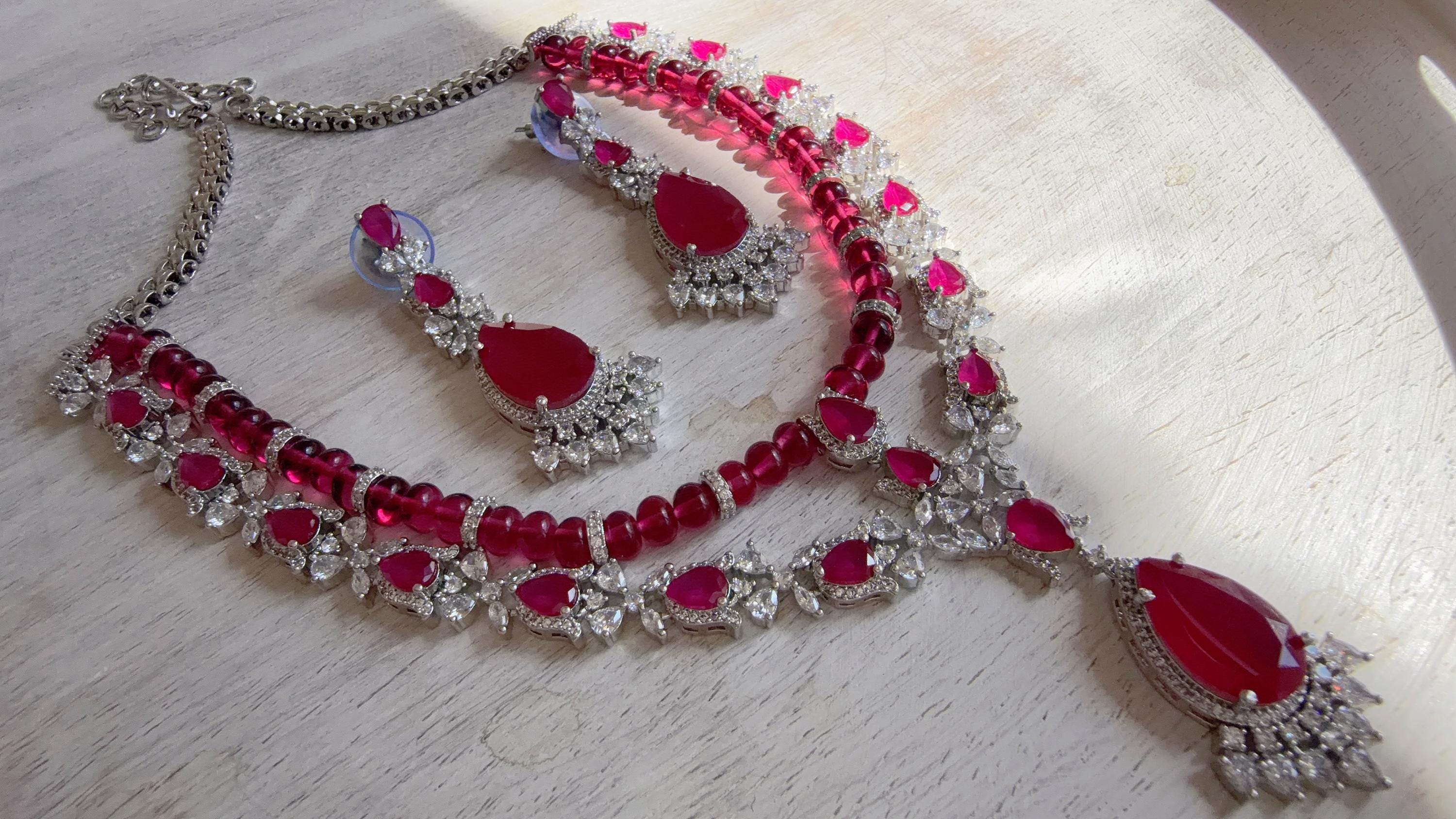 Ruby Rhodium 2 Layer CZ Diamond Necklace Set | Double Strand Bridal Necklace with Matching Earrings - Bella
