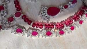 Ruby Rhodium 2 Layer CZ Diamond Necklace Set | Double Strand Bridal Necklace with Matching Earrings - Bella