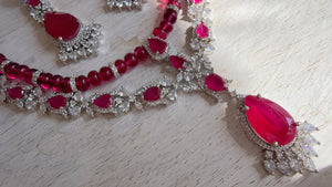 Ruby Rhodium 2 Layer CZ Diamond Necklace Set | Double Strand Bridal Necklace with Matching Earrings - Bella