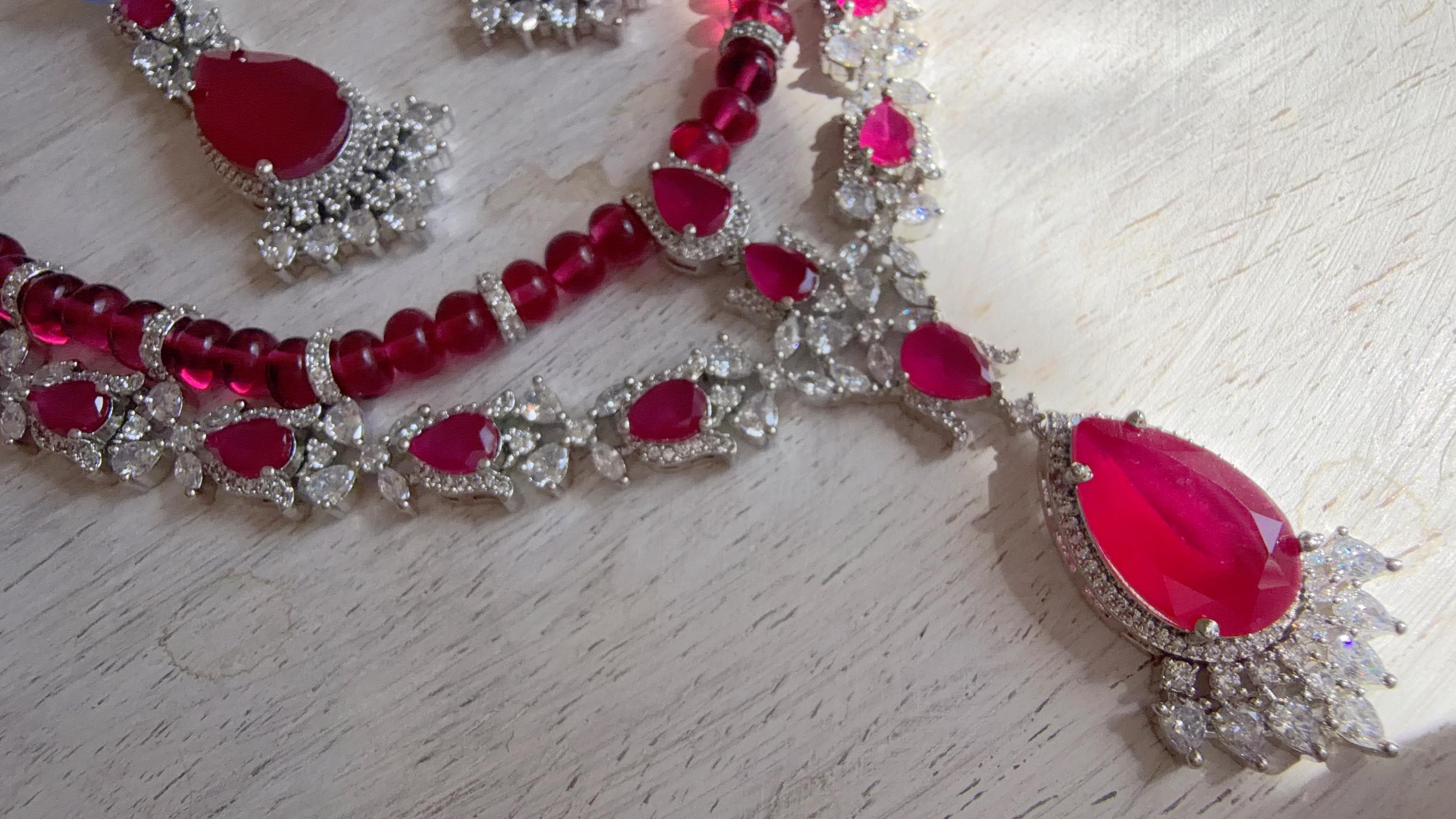 Ruby Rhodium 2 Layer CZ Diamond Necklace Set | Double Strand Bridal Necklace with Matching Earrings - Bella