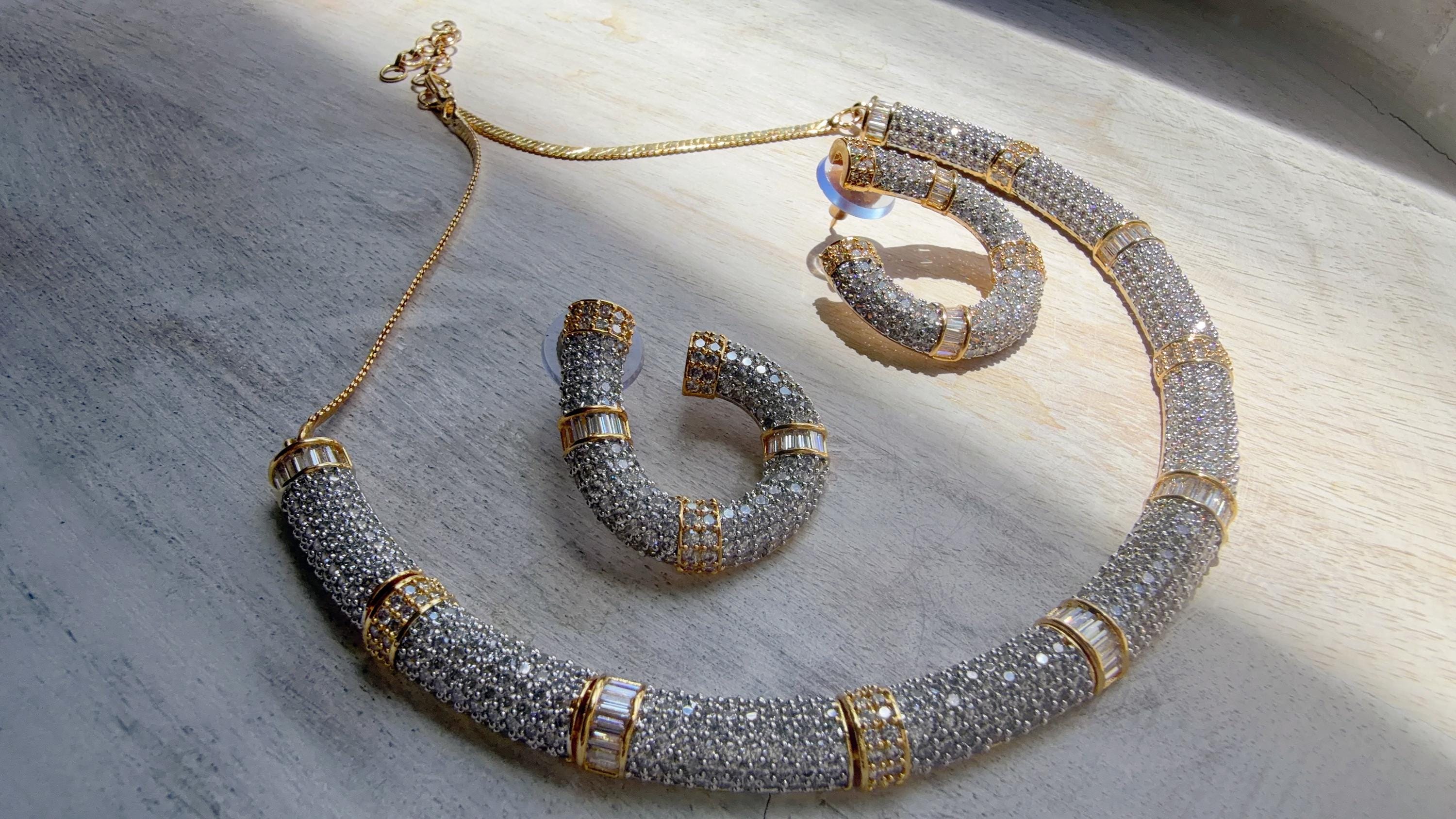2 tone diamond collar Necklace and Stud Earrings Set | Moissanite CZ Jewelry | Luxury Statement Set
