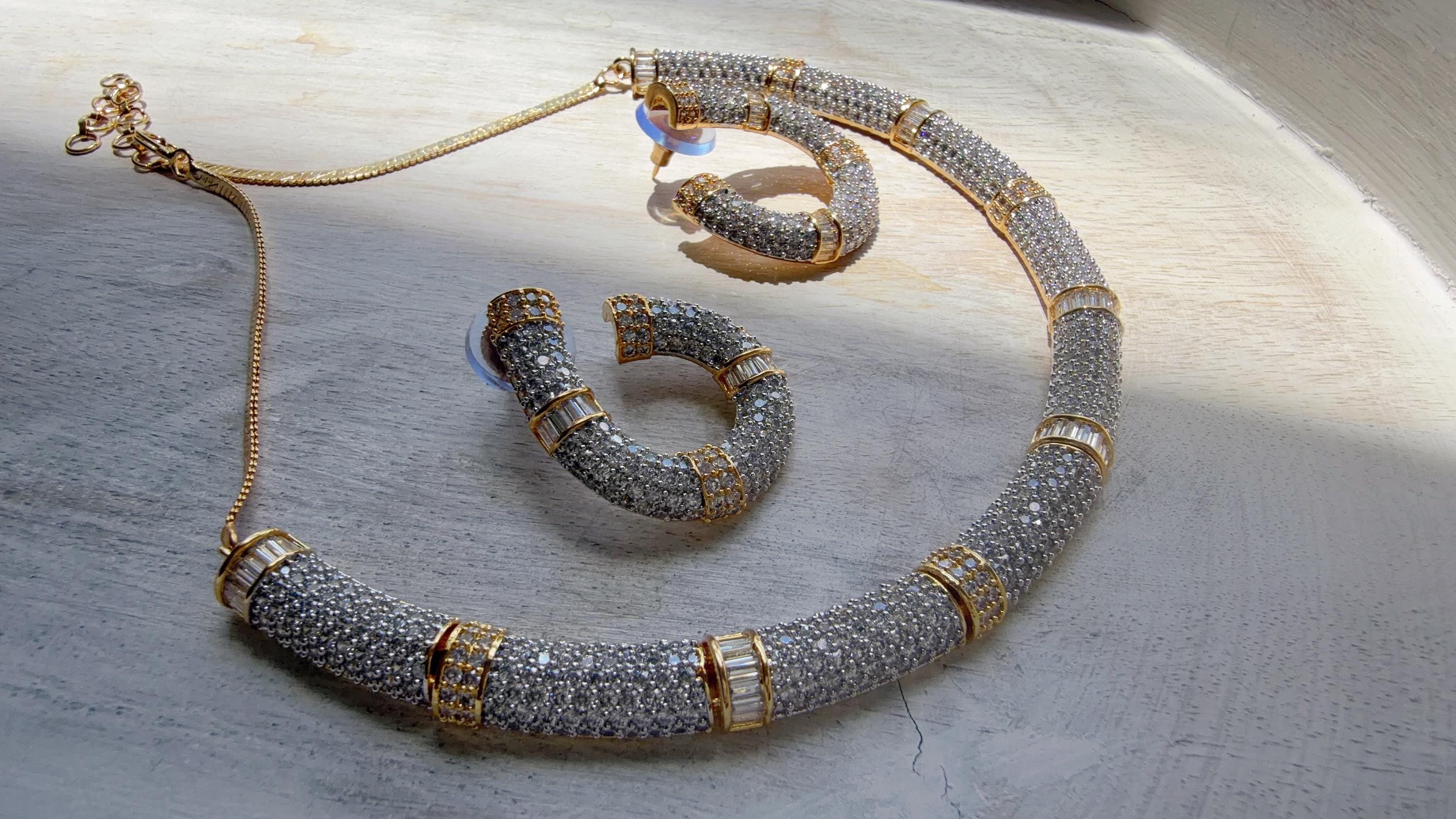 2 tone diamond collar Necklace and Stud Earrings Set | Moissanite CZ Jewelry | Luxury Statement Set