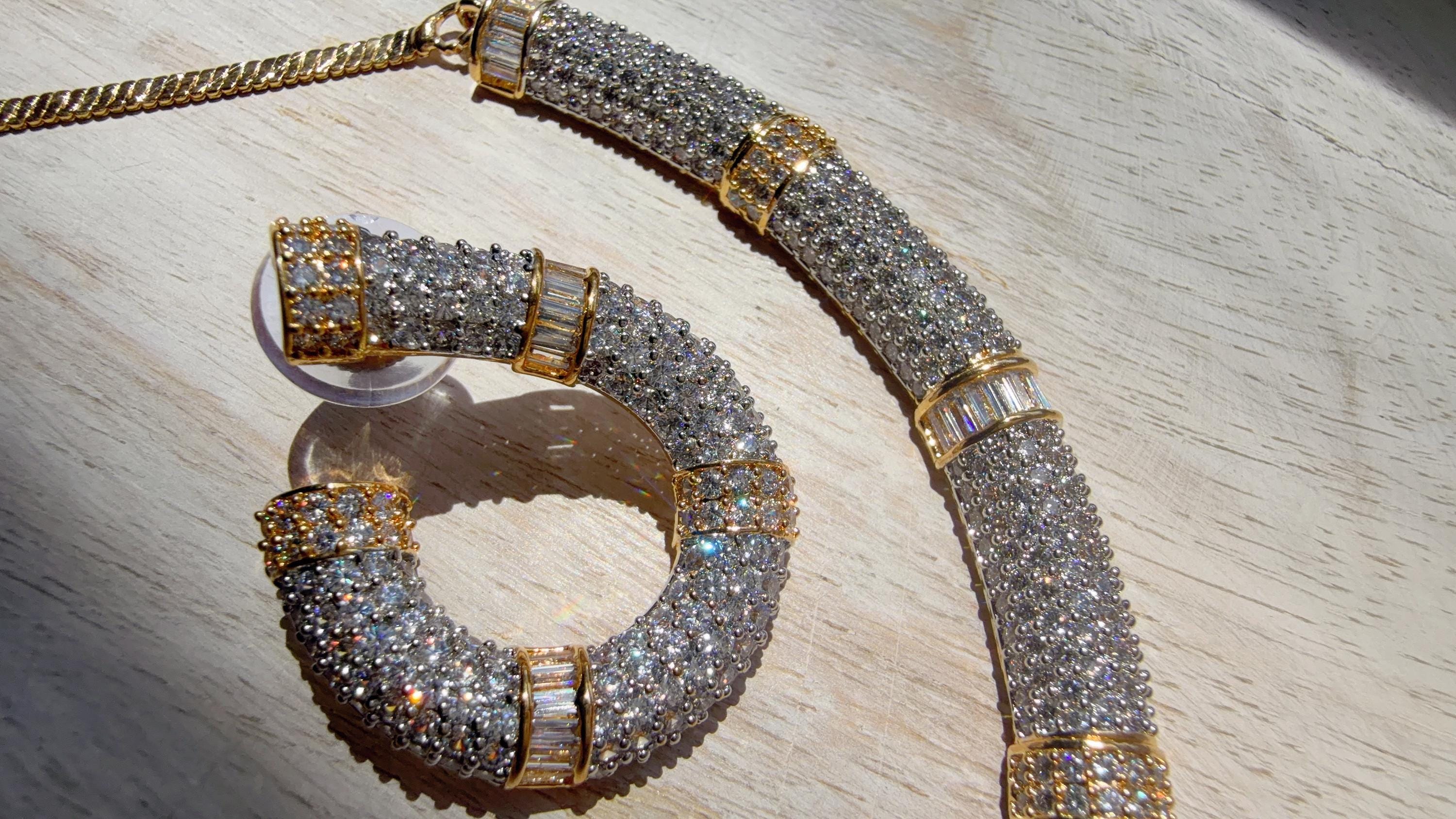 2 tone diamond collar Necklace and Stud Earrings Set | Moissanite CZ Jewelry | Luxury Statement Set