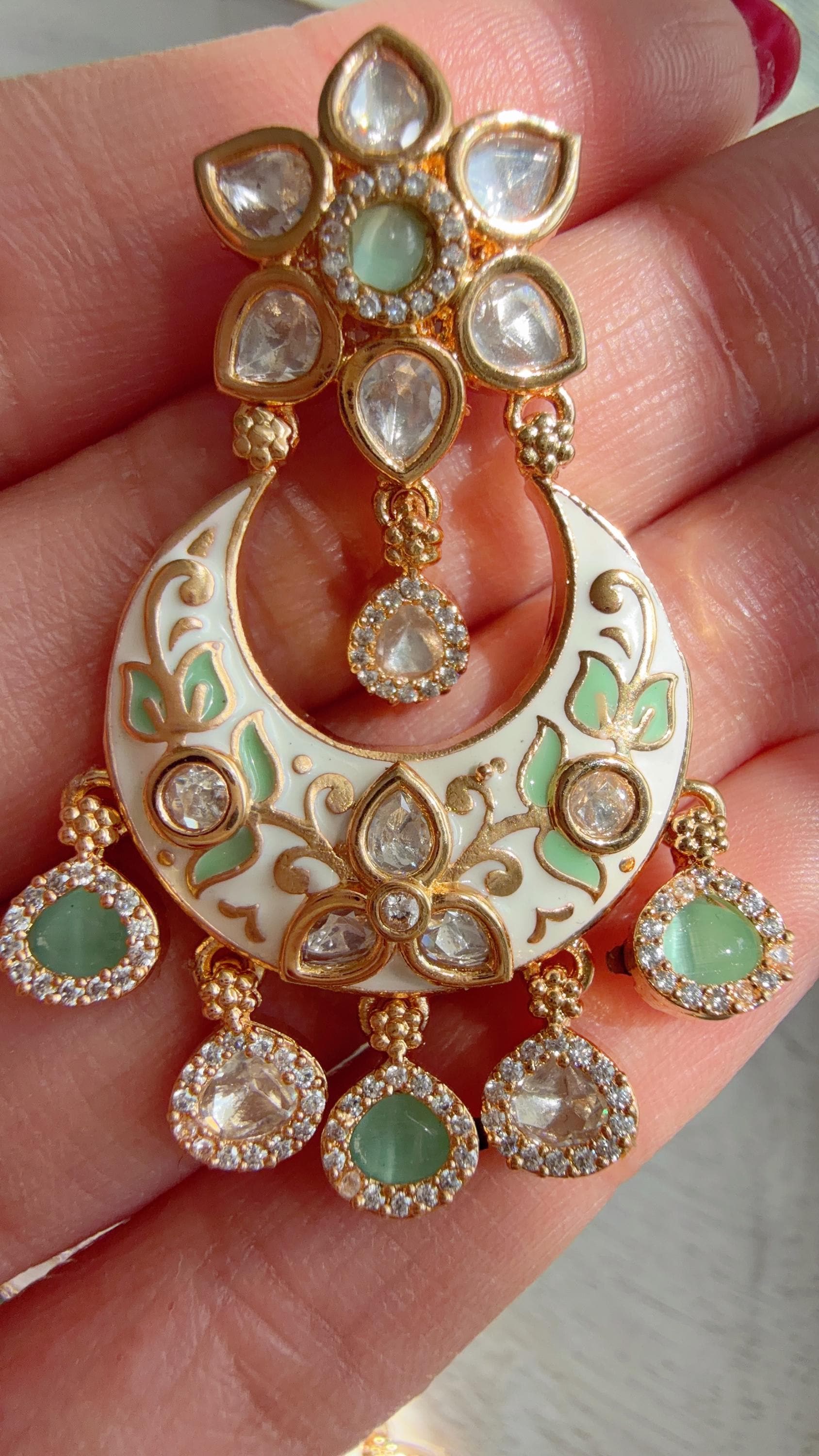 Mint kundan Polki Choker Necklace Set Indian Bridal Wedding Jewelry / diamond Hasli /Indian Wedding jewelry