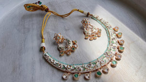 Mint kundan Polki Choker Necklace Set Indian Bridal Wedding Jewelry / diamond Hasli /Indian Wedding jewelry
