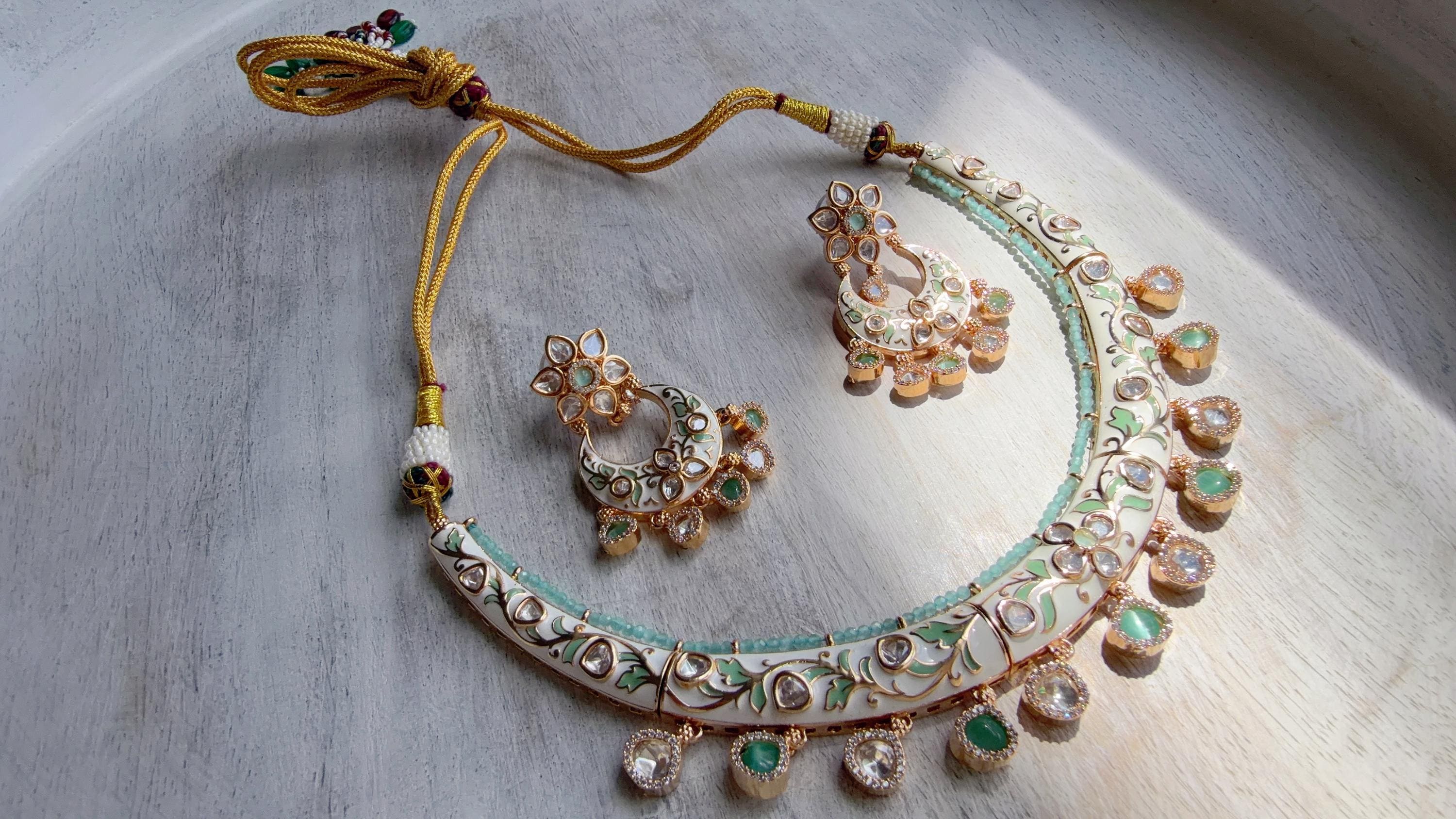 Mint kundan Polki Choker Necklace Set Indian Bridal Wedding Jewelry / diamond Hasli /Indian Wedding jewelry