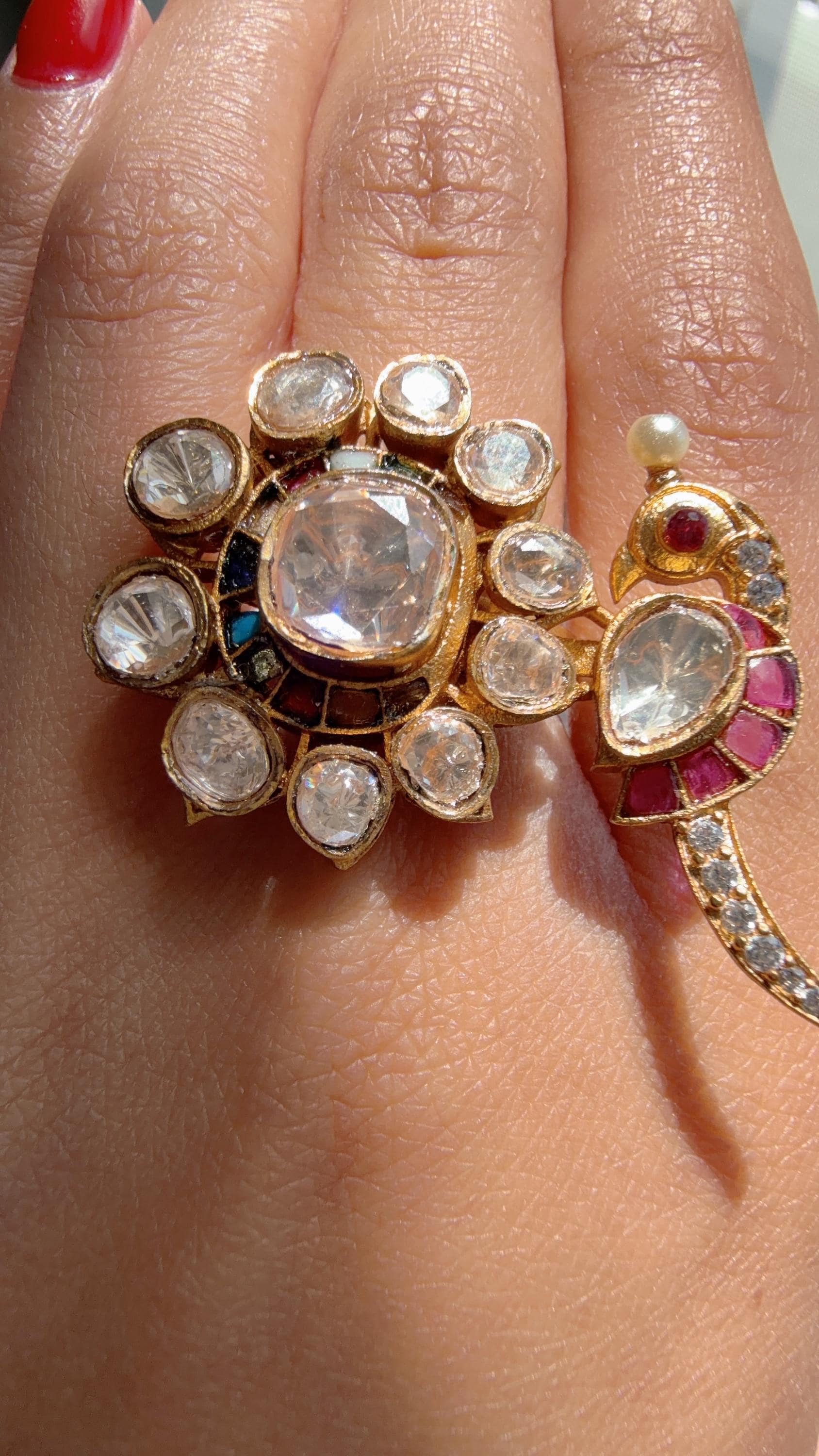 Rumi Navratan Bridal Kundan Moissanite kundan Ring/ Contemporary Diamond Navratna Gold Ring/Gold Bird Moissanite Ring/diamond bridal Ring