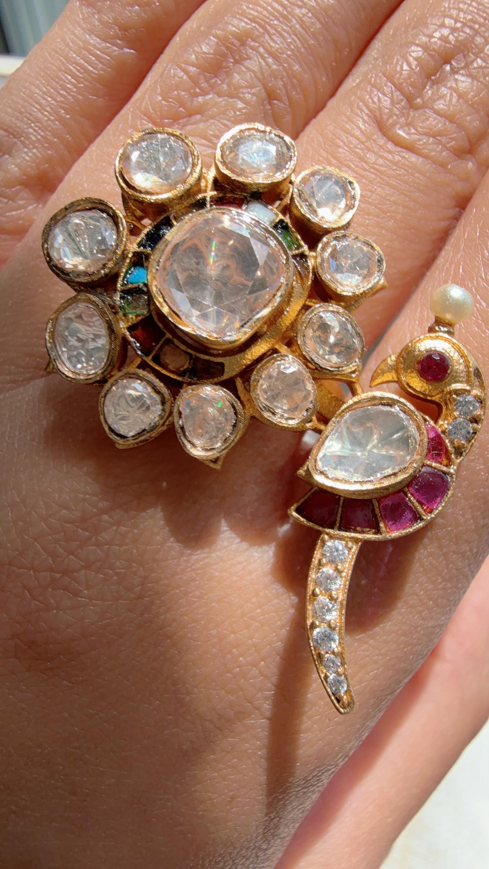 Rumi Navratan Bridal Kundan Moissanite kundan Ring/ Contemporary Diamond Navratna Gold Ring/Gold Bird Moissanite Ring/diamond bridal Ring
