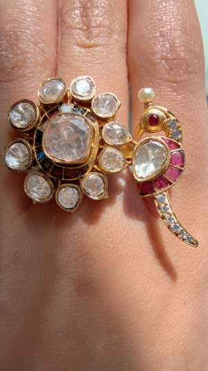 Rumi Navratan Bridal Kundan Moissanite kundan Ring/ Contemporary Diamond Navratna Gold Ring/Gold Bird Moissanite Ring/diamond bridal Ring