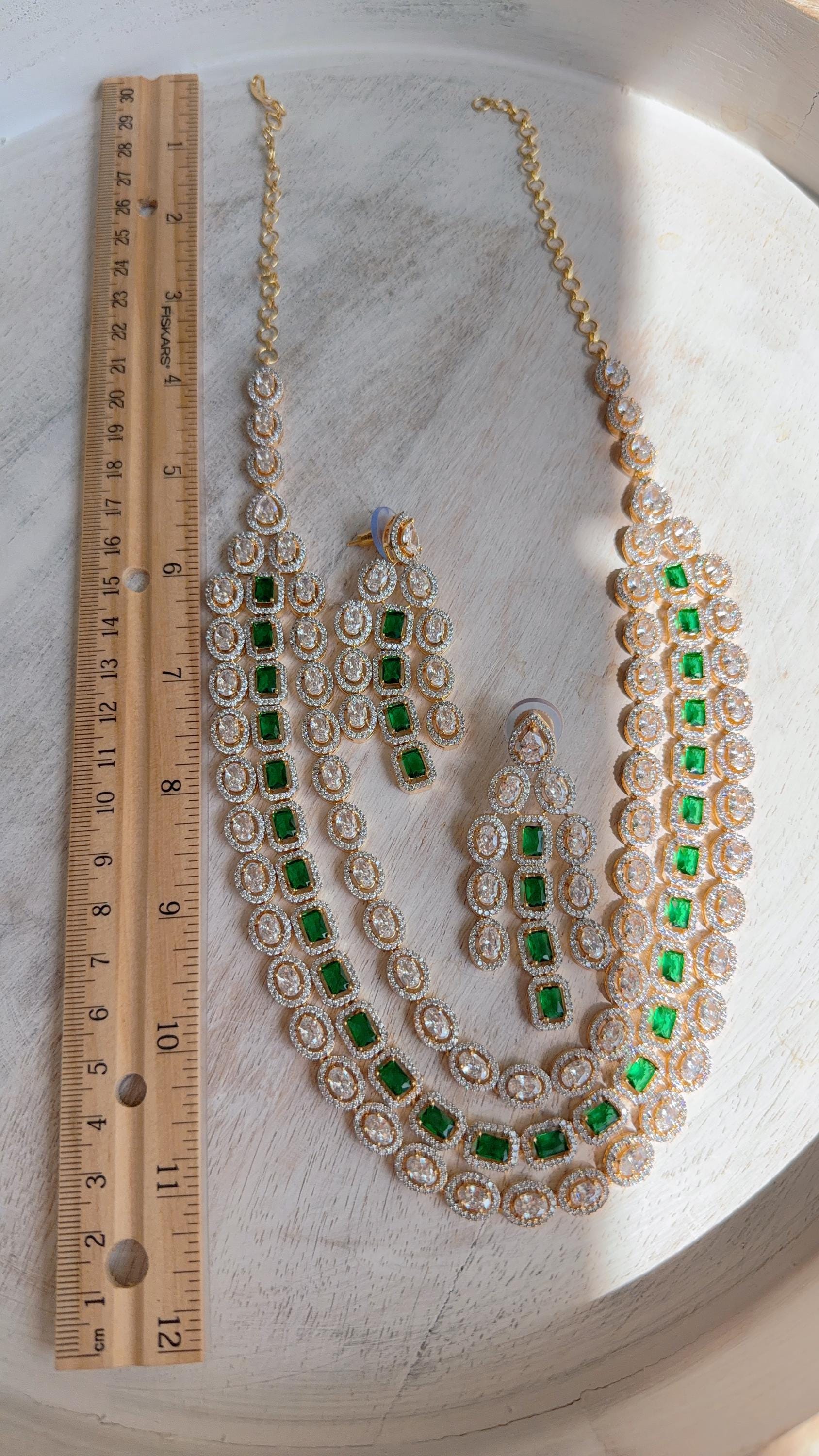 Emerald Green 2 Tone Triple Layer Long Diamond CZ Necklace | Elegant Multi-Layer Cubic Zirconia Necklace | Statement Party & Bridal Jewelry