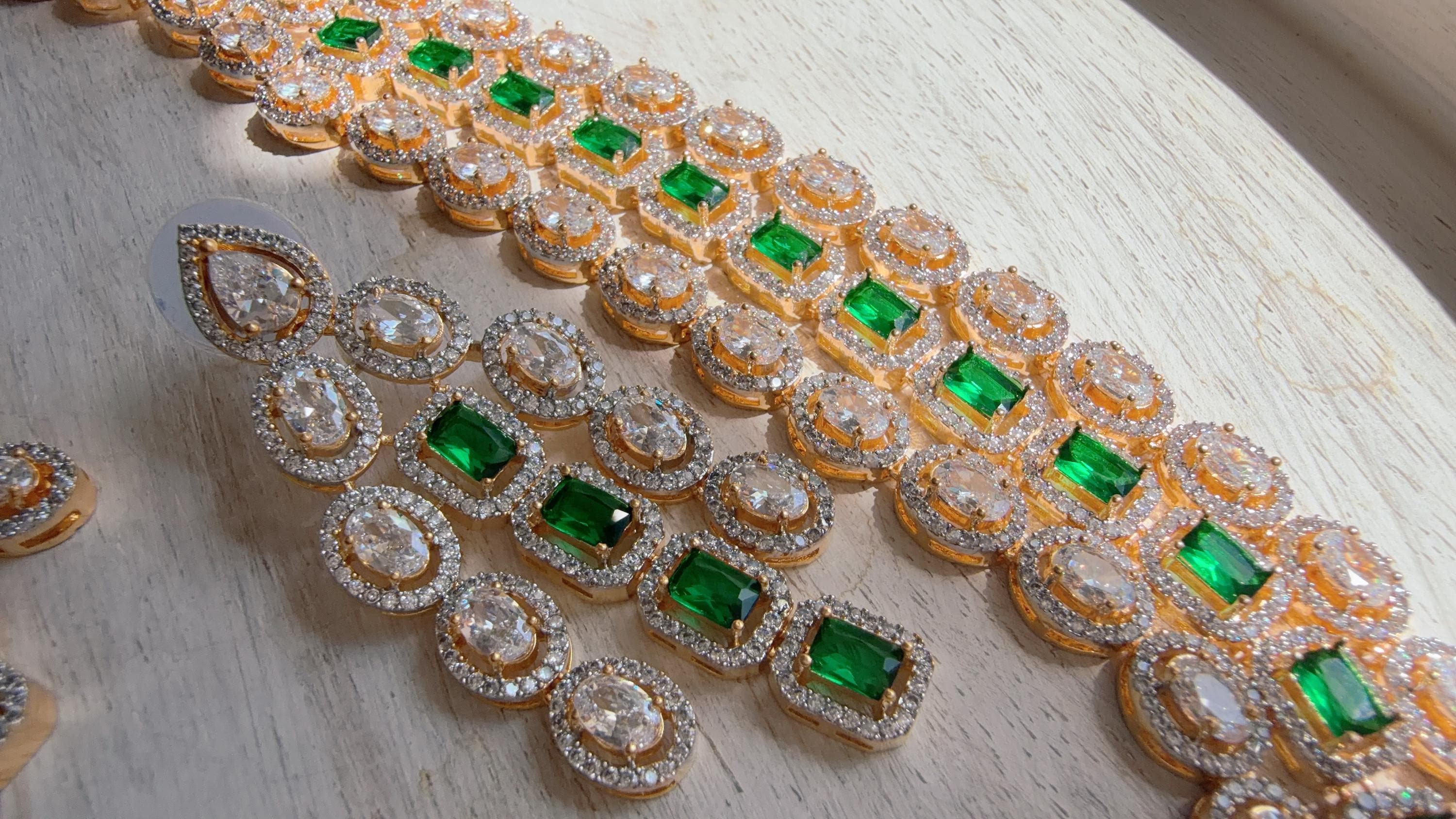 Emerald Green 2 Tone Triple Layer Long Diamond CZ Necklace | Elegant Multi-Layer Cubic Zirconia Necklace | Statement Party & Bridal Jewelry