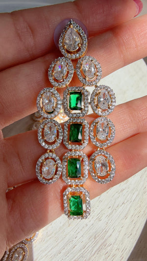 Emerald Green 2 Tone Triple Layer Long Diamond CZ Necklace | Elegant Multi-Layer Cubic Zirconia Necklace | Statement Party & Bridal Jewelry
