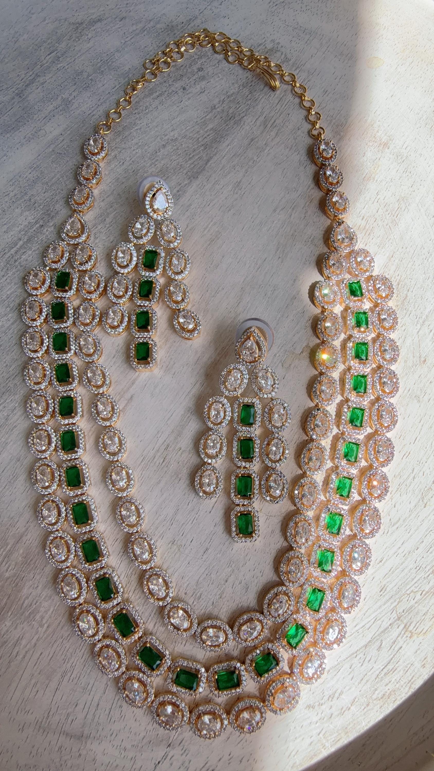 Emerald Green 2 Tone Triple Layer Long Diamond CZ Necklace | Elegant Multi-Layer Cubic Zirconia Necklace | Statement Party & Bridal Jewelry