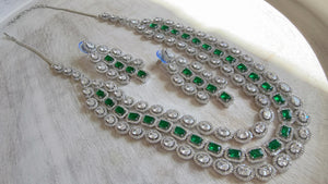 Emerald Green Rhodium Triple Layer Long Diamond CZ Necklace | Elegant Multi-Layer Cubic Zirconia Necklace | Statement Party & Bridal Jewelry