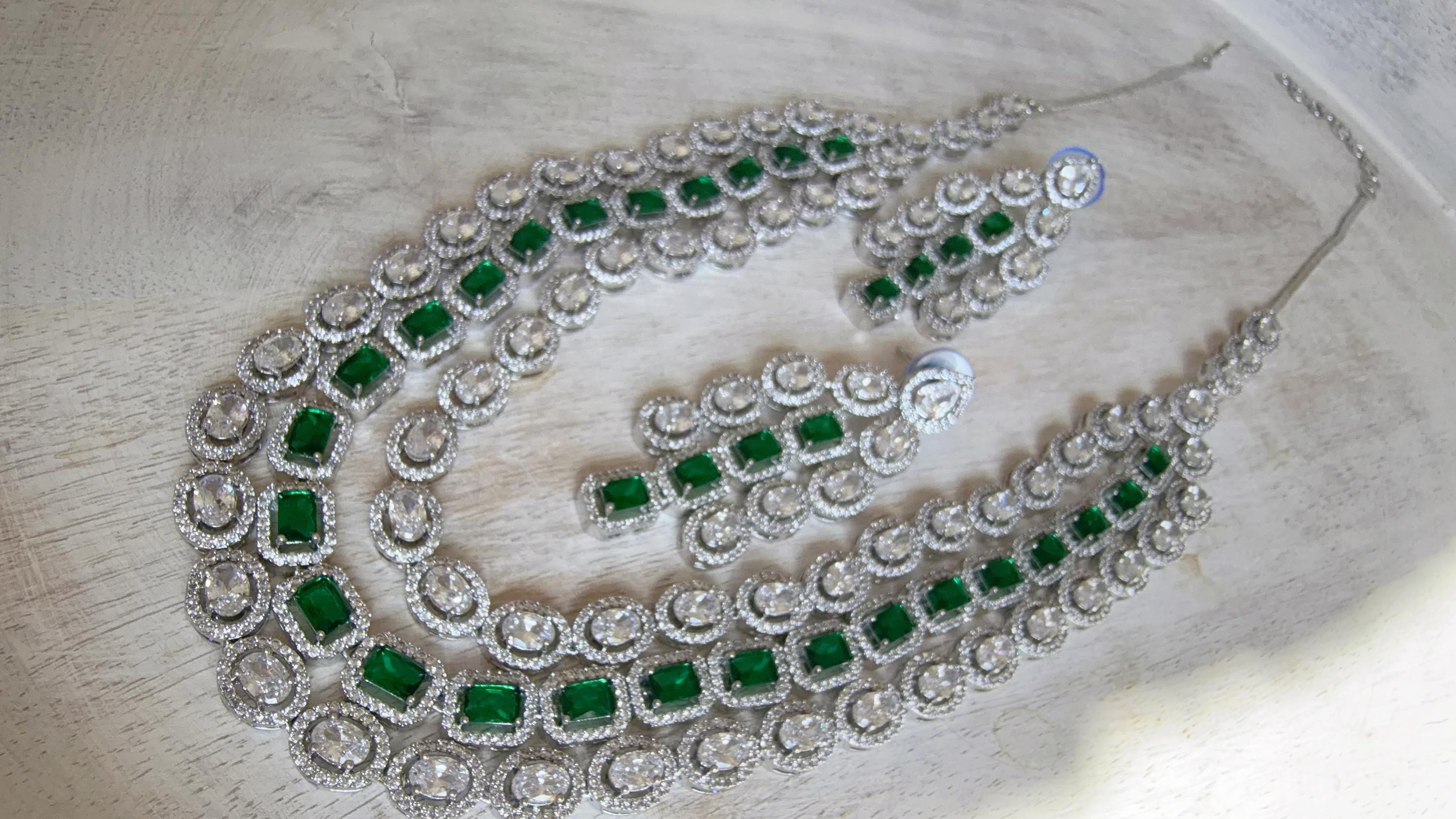 Emerald Green Rhodium Triple Layer Long Diamond CZ Necklace | Elegant Multi-Layer Cubic Zirconia Necklace | Statement Party & Bridal Jewelry