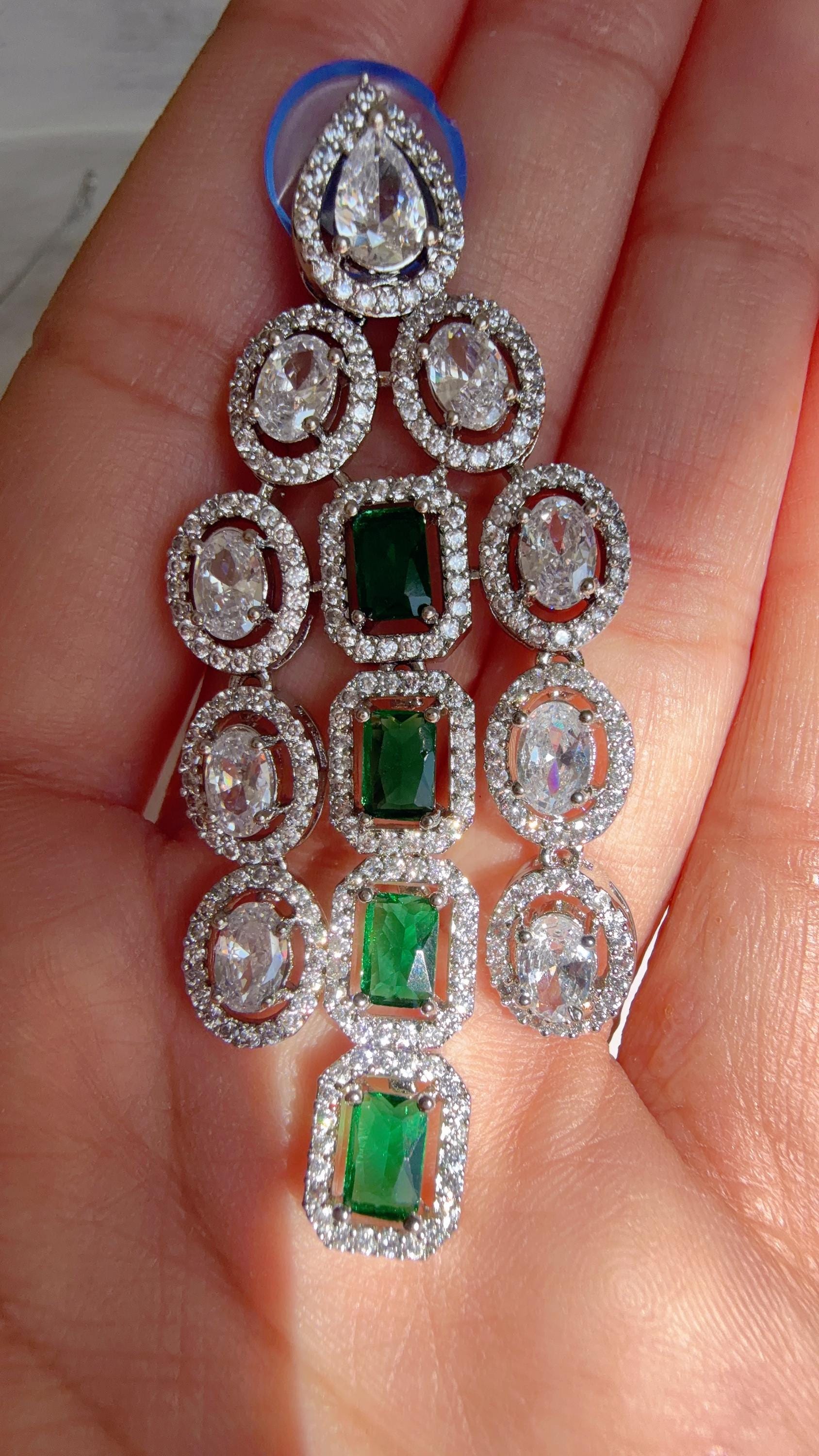 Emerald Green Rhodium Triple Layer Long Diamond CZ Necklace | Elegant Multi-Layer Cubic Zirconia Necklace | Statement Party & Bridal Jewelry
