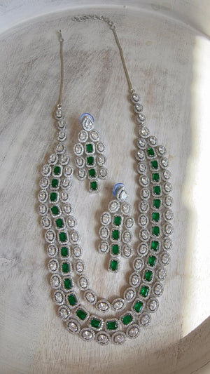 Emerald Green Rhodium Triple Layer Long Diamond CZ Necklace | Elegant Multi-Layer Cubic Zirconia Necklace | Statement Party & Bridal Jewelry