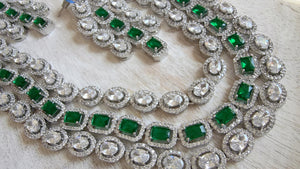 Emerald Green Rhodium Triple Layer Long Diamond CZ Necklace | Elegant Multi-Layer Cubic Zirconia Necklace | Statement Party & Bridal Jewelry