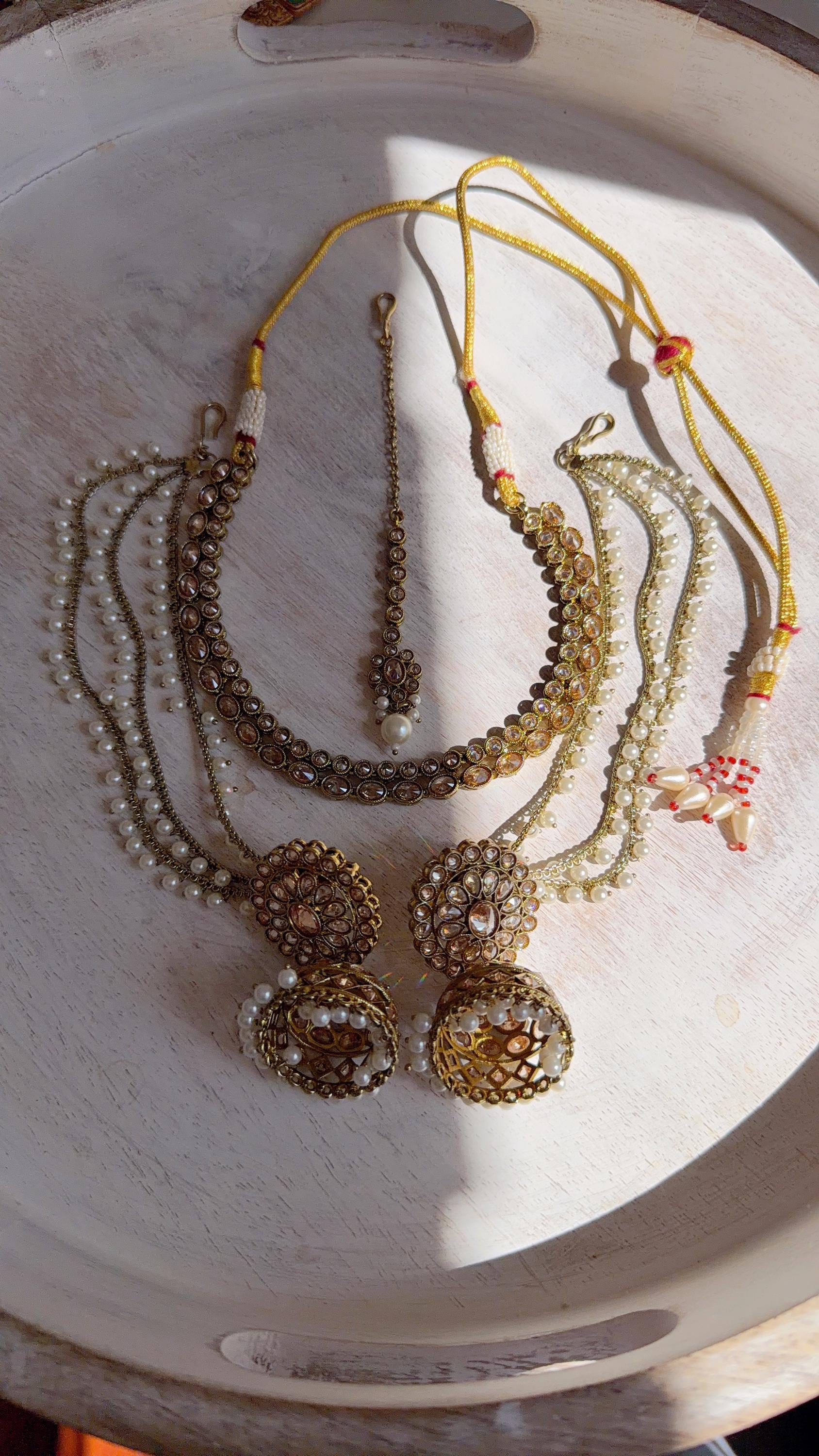 Antique Polki Kundan Mint Necklace Set with Bahubali Jhumka & Maang Tikka | Indian Bridal Jewelry
