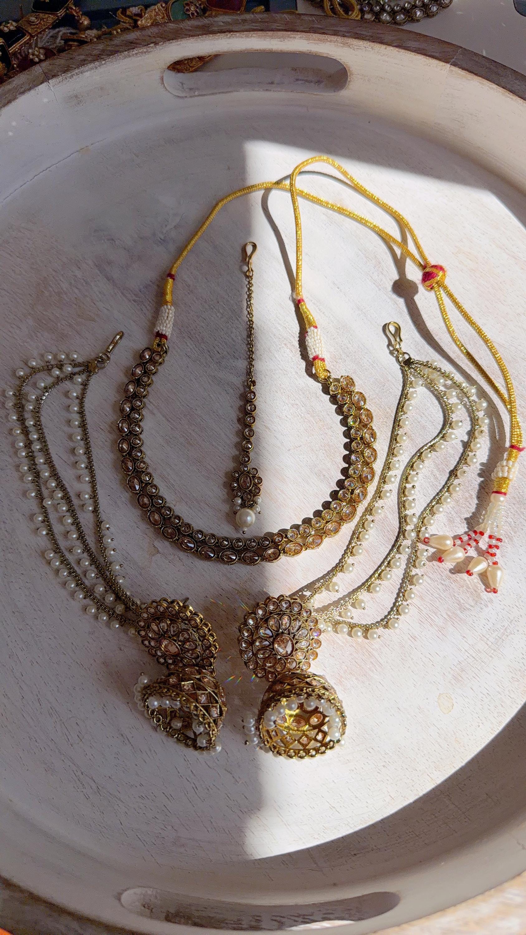 Antique Polki Kundan Mint Necklace Set with Bahubali Jhumka & Maang Tikka | Indian Bridal Jewelry