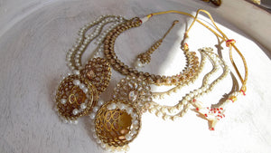 Antique Polki Kundan Mint Necklace Set with Bahubali Jhumka & Maang Tikka | Indian Bridal Jewelry