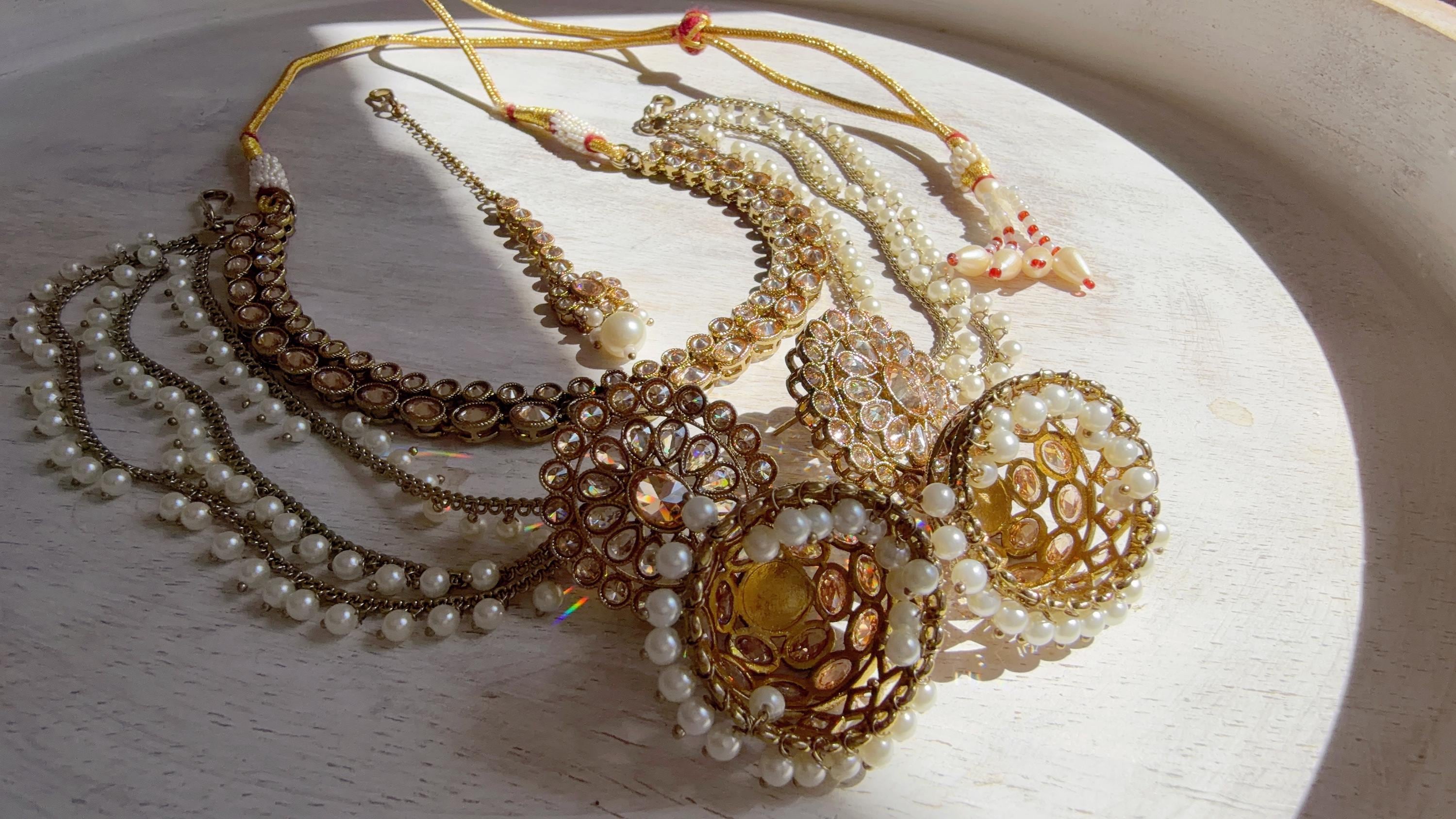 Antique Polki Kundan Mint Necklace Set with Bahubali Jhumka & Maang Tikka | Indian Bridal Jewelry