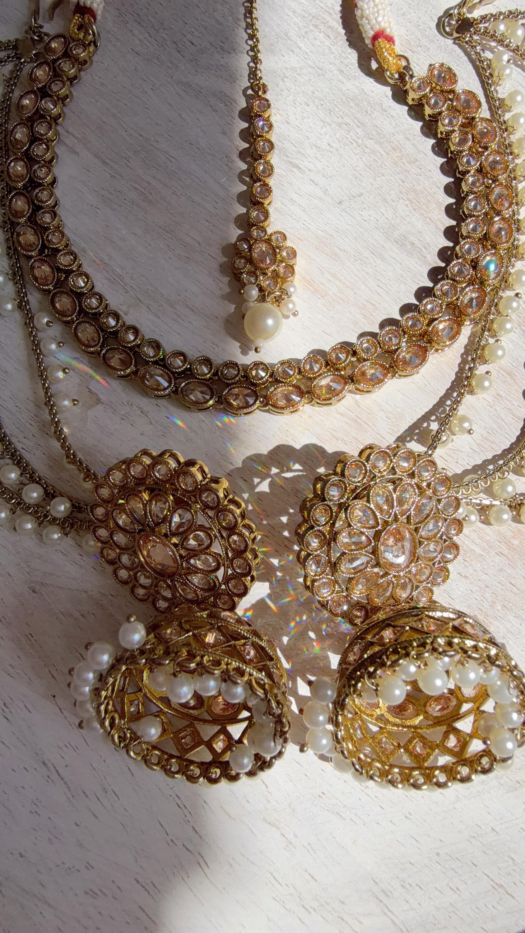 Antique Polki Kundan Mint Necklace Set with Bahubali Jhumka & Maang Tikka | Indian Bridal Jewelry