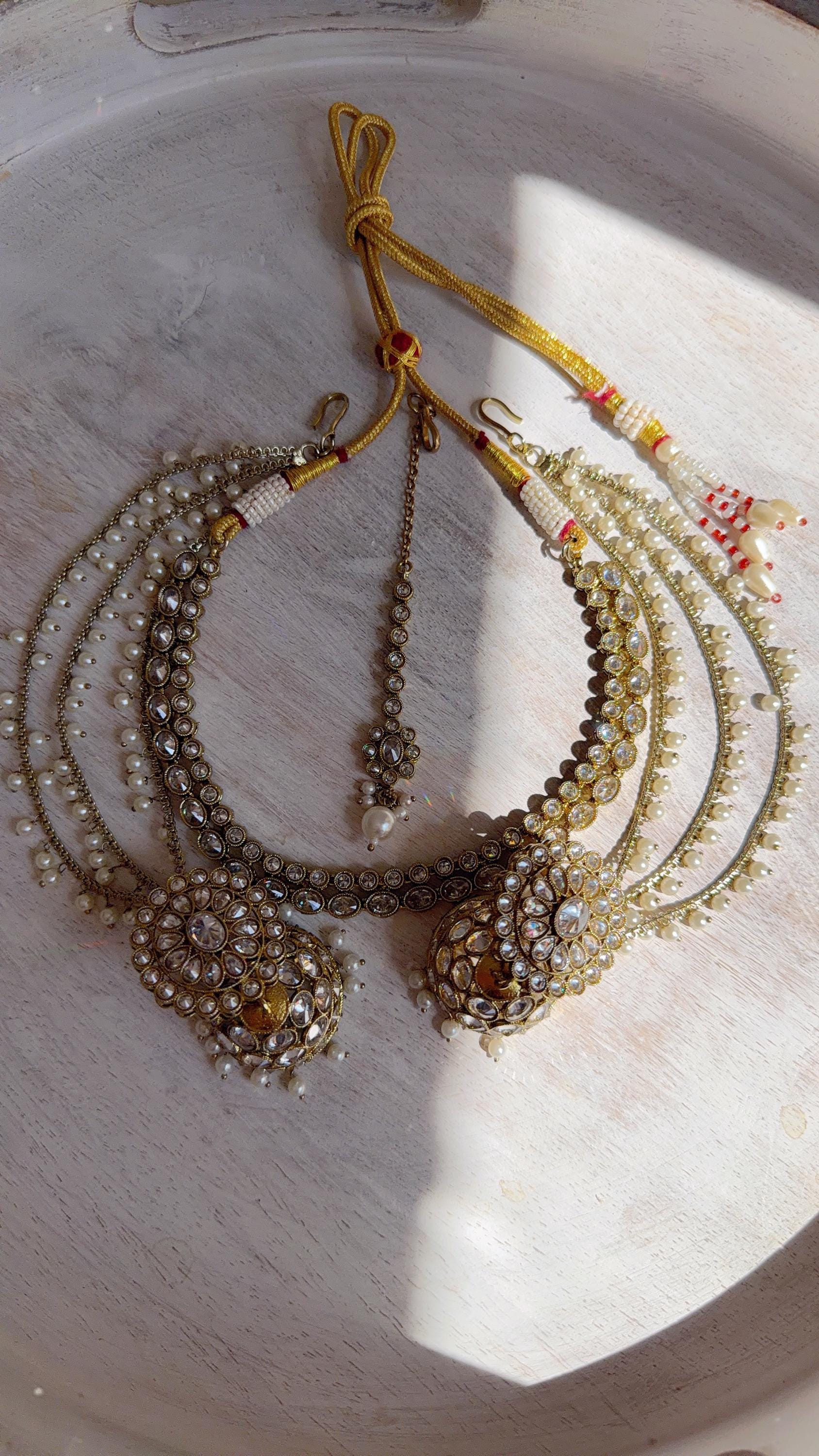 Antique Polki Kundan Mint Necklace Set with Bahubali Jhumka & Maang Tikka | Indian Bridal Jewelry