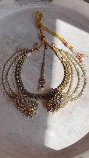 Antique Polki Kundan Mint Necklace Set with Bahubali Jhumka & Maang Tikka | Indian Bridal Jewelry
