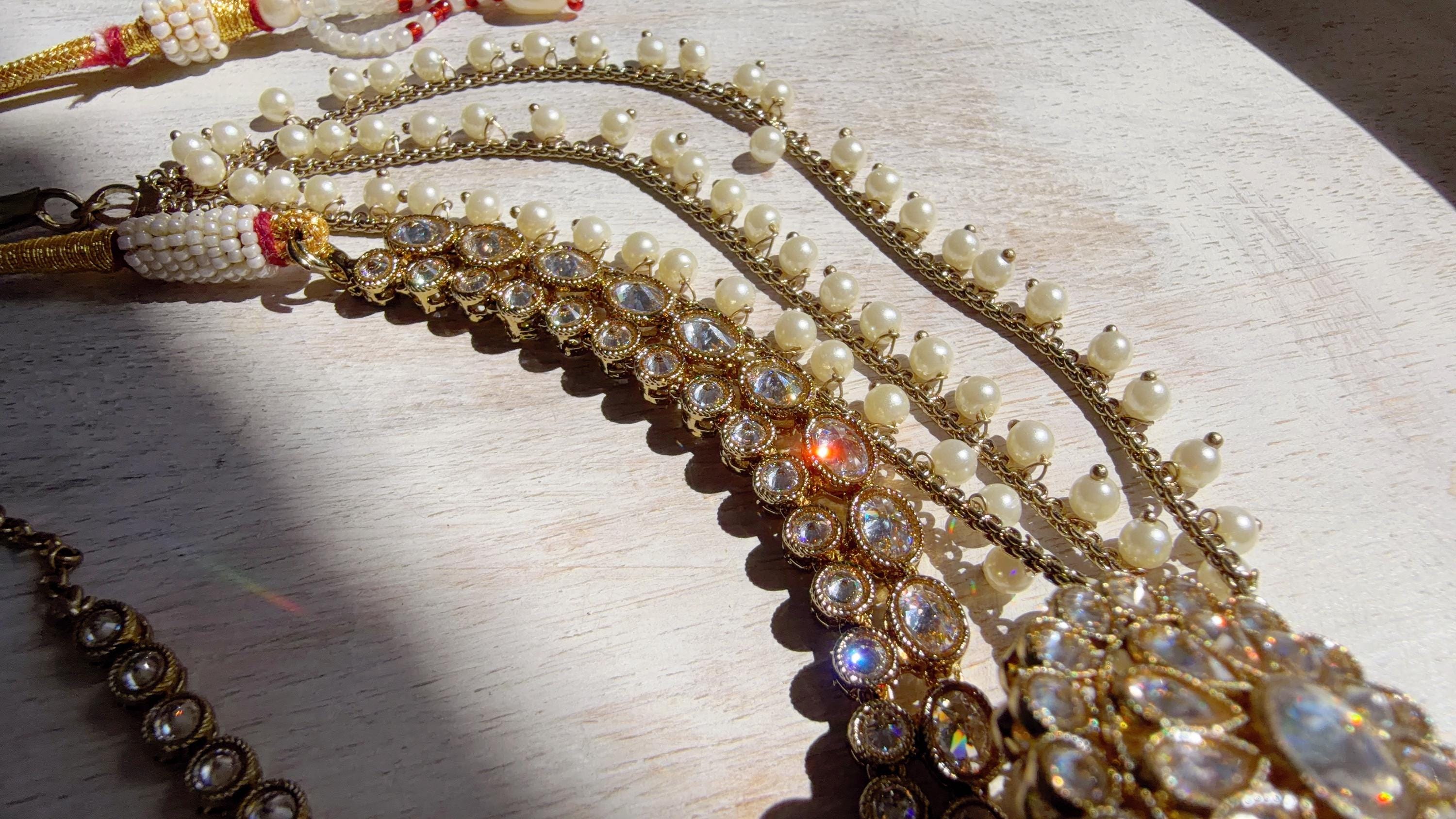 Antique Polki Kundan Mint Necklace Set with Bahubali Jhumka & Maang Tikka | Indian Bridal Jewelry