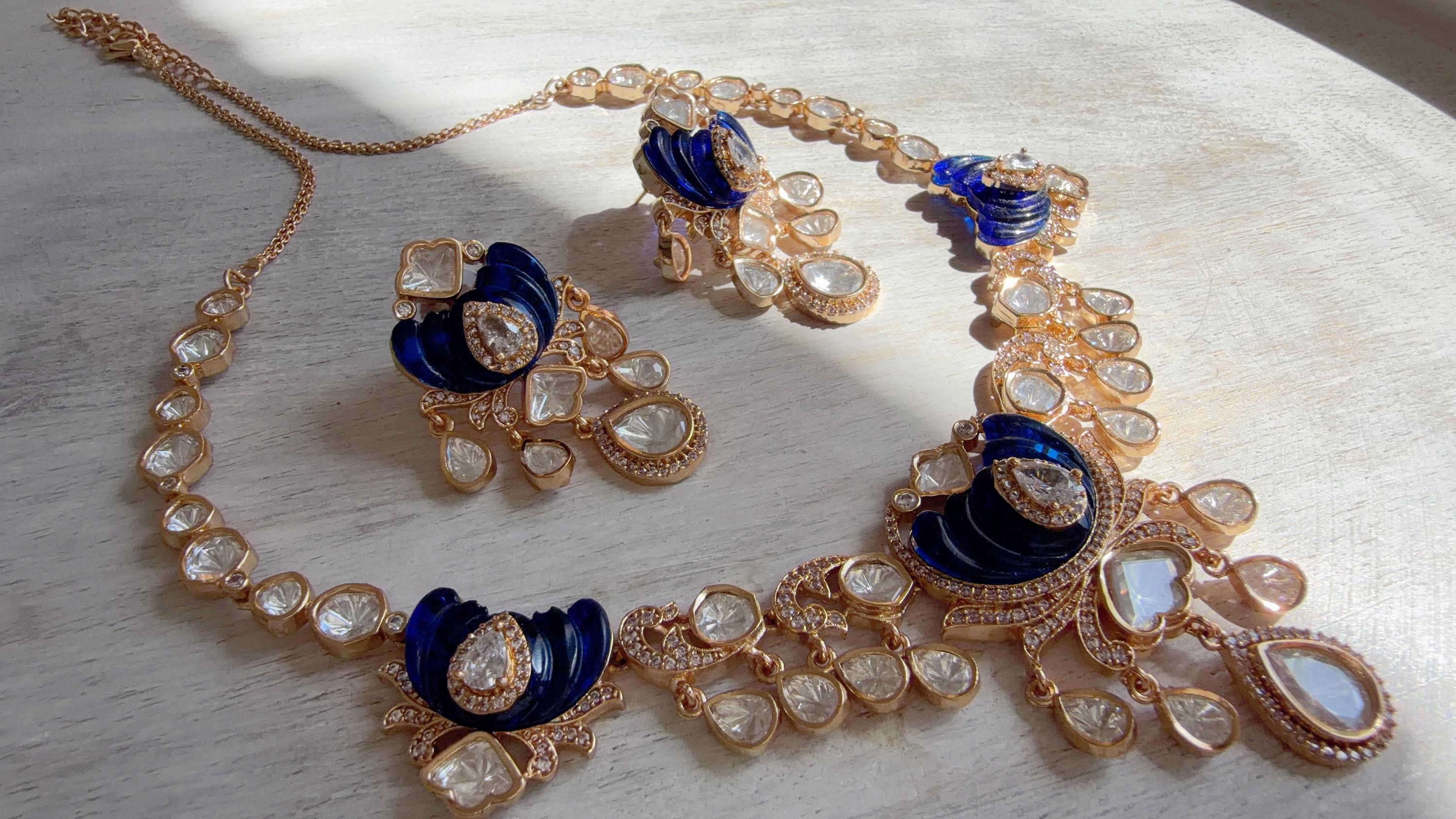 Blue Kundan Diamond Necklace Set | Indian Bridal Wedding Jewelry | Traditional Bridal Statement Necklace