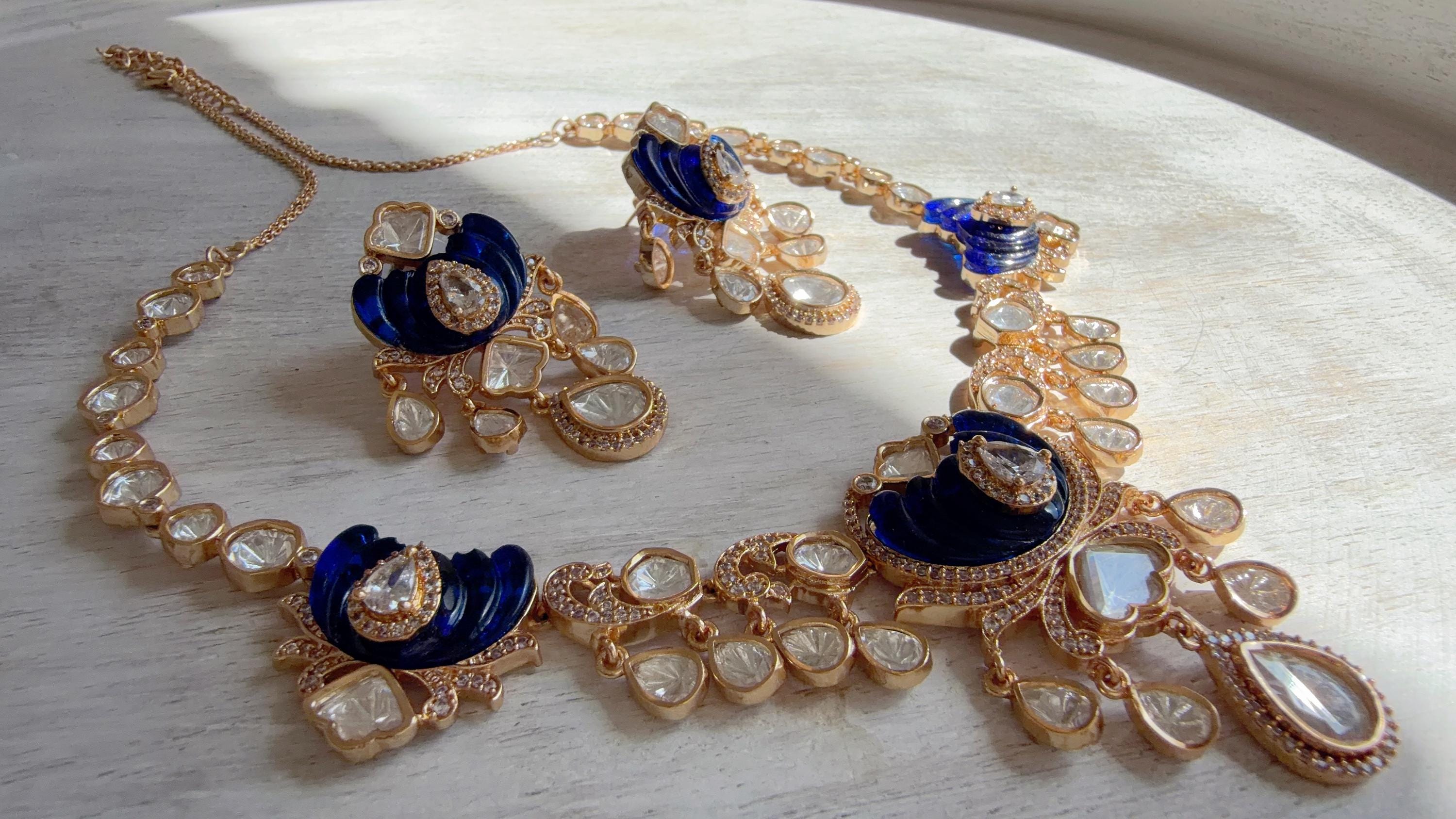 Blue Kundan Diamond Necklace Set | Indian Bridal Wedding Jewelry | Traditional Bridal Statement Necklace