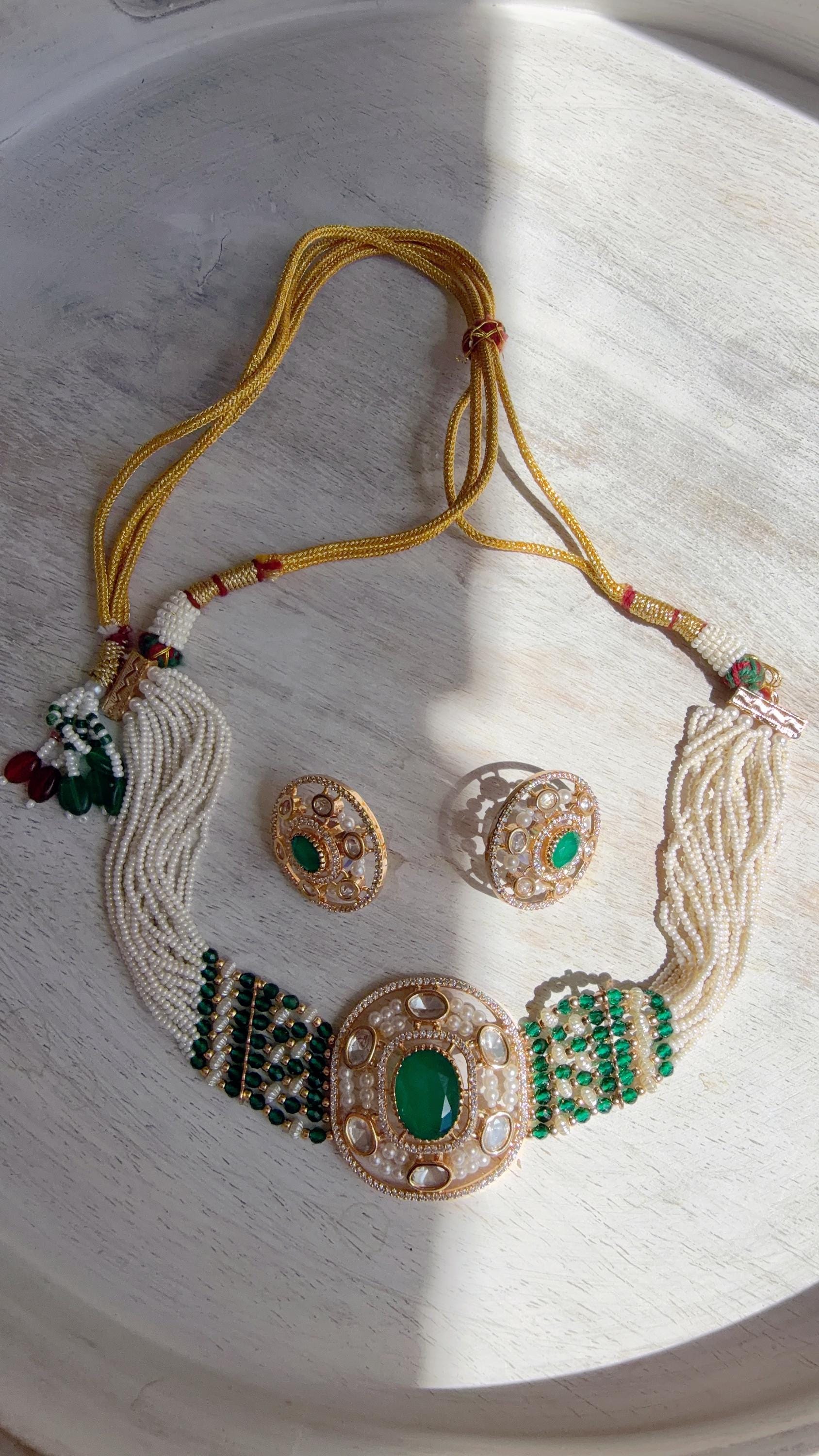 Green Kundan Diamond Necklace Set | Indian Bridal Wedding Jewelry | Traditional Bridal Statement Necklace