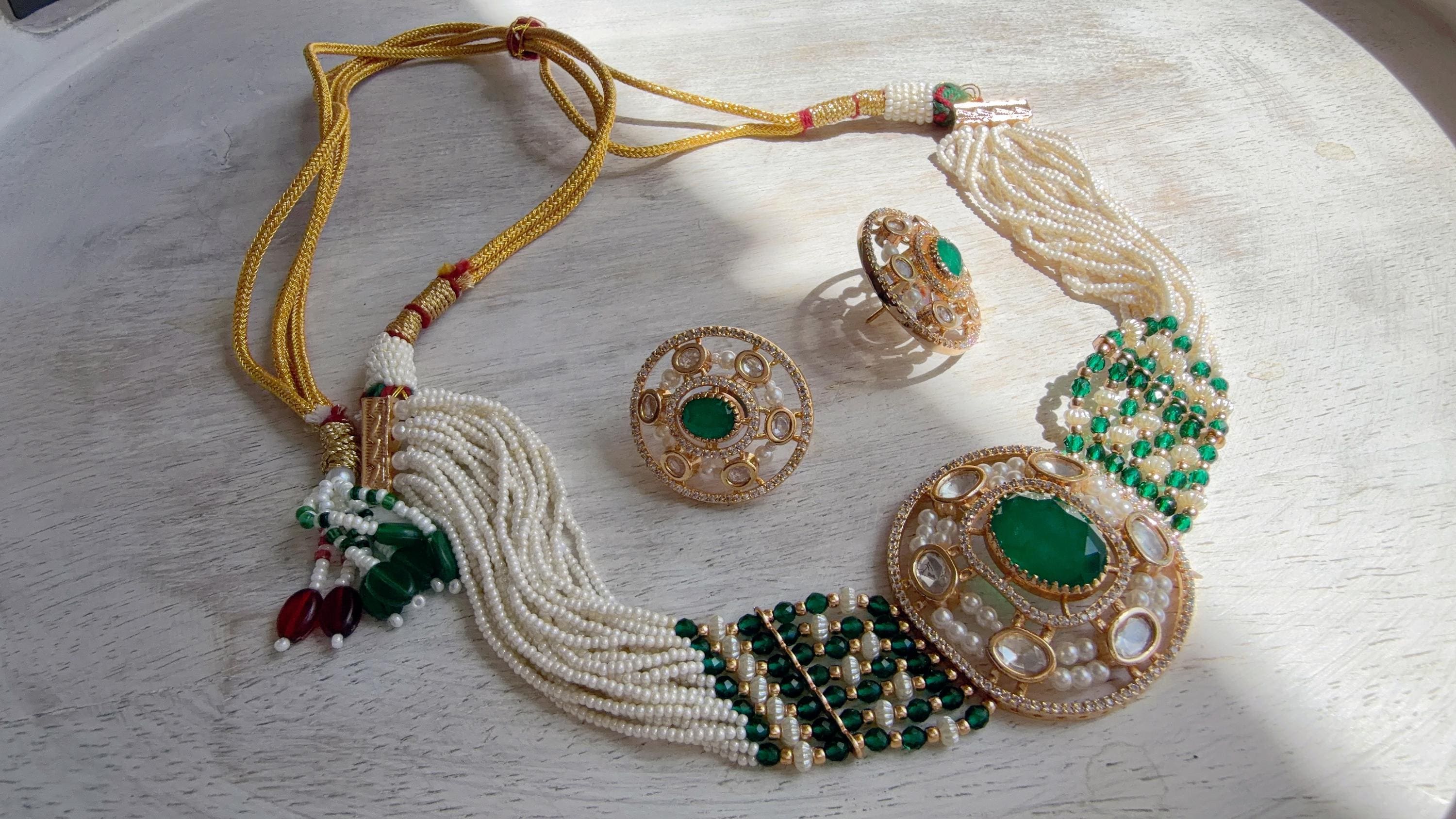 Green Kundan Diamond Necklace Set | Indian Bridal Wedding Jewelry | Traditional Bridal Statement Necklace