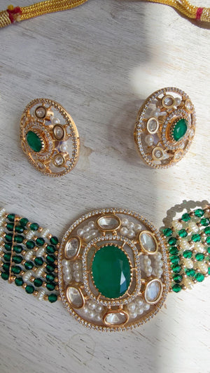 Green Kundan Diamond Necklace Set | Indian Bridal Wedding Jewelry | Traditional Bridal Statement Necklace