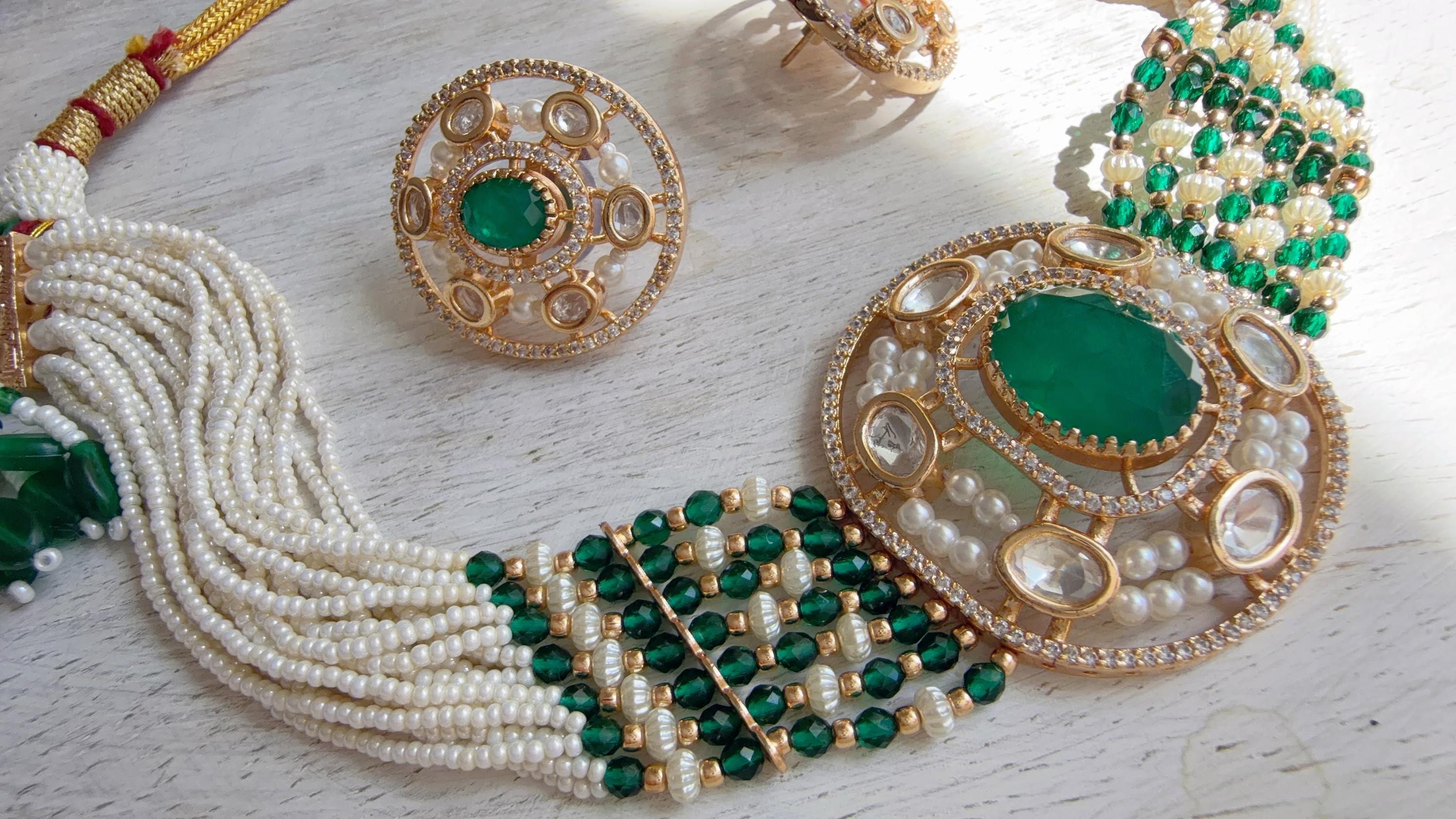 Green Kundan Diamond Necklace Set | Indian Bridal Wedding Jewelry | Traditional Bridal Statement Necklace