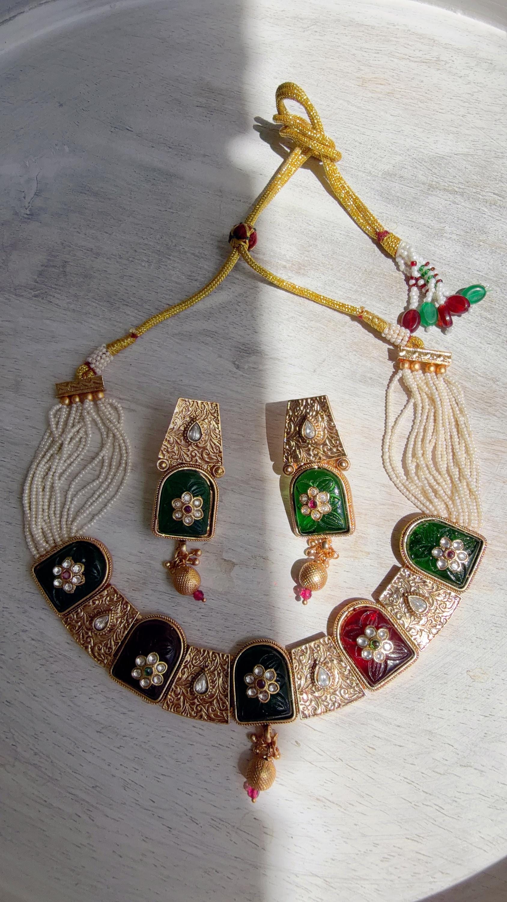 Traditional Kundan Statement Green Necklace Set/Indian Bridal Jewelry/Gold Finish Wedding Necklace - Heritage