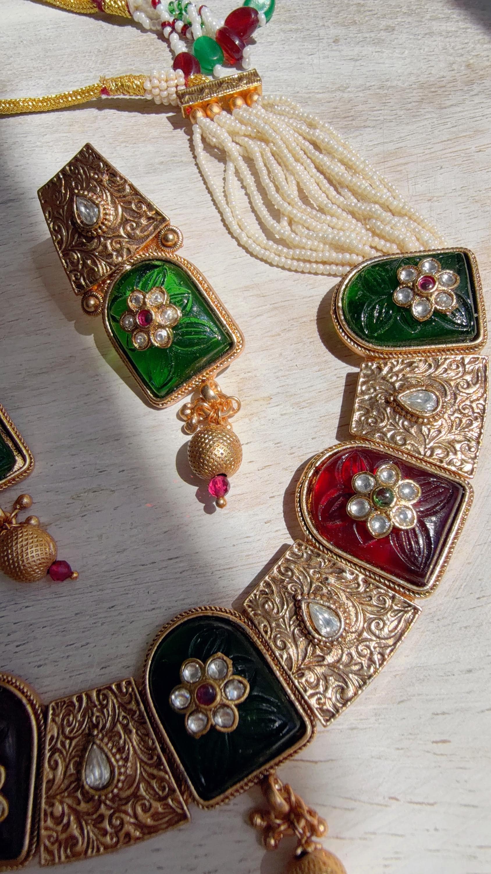 Traditional Kundan Statement Green Necklace Set/Indian Bridal Jewelry/Gold Finish Wedding Necklace - Heritage