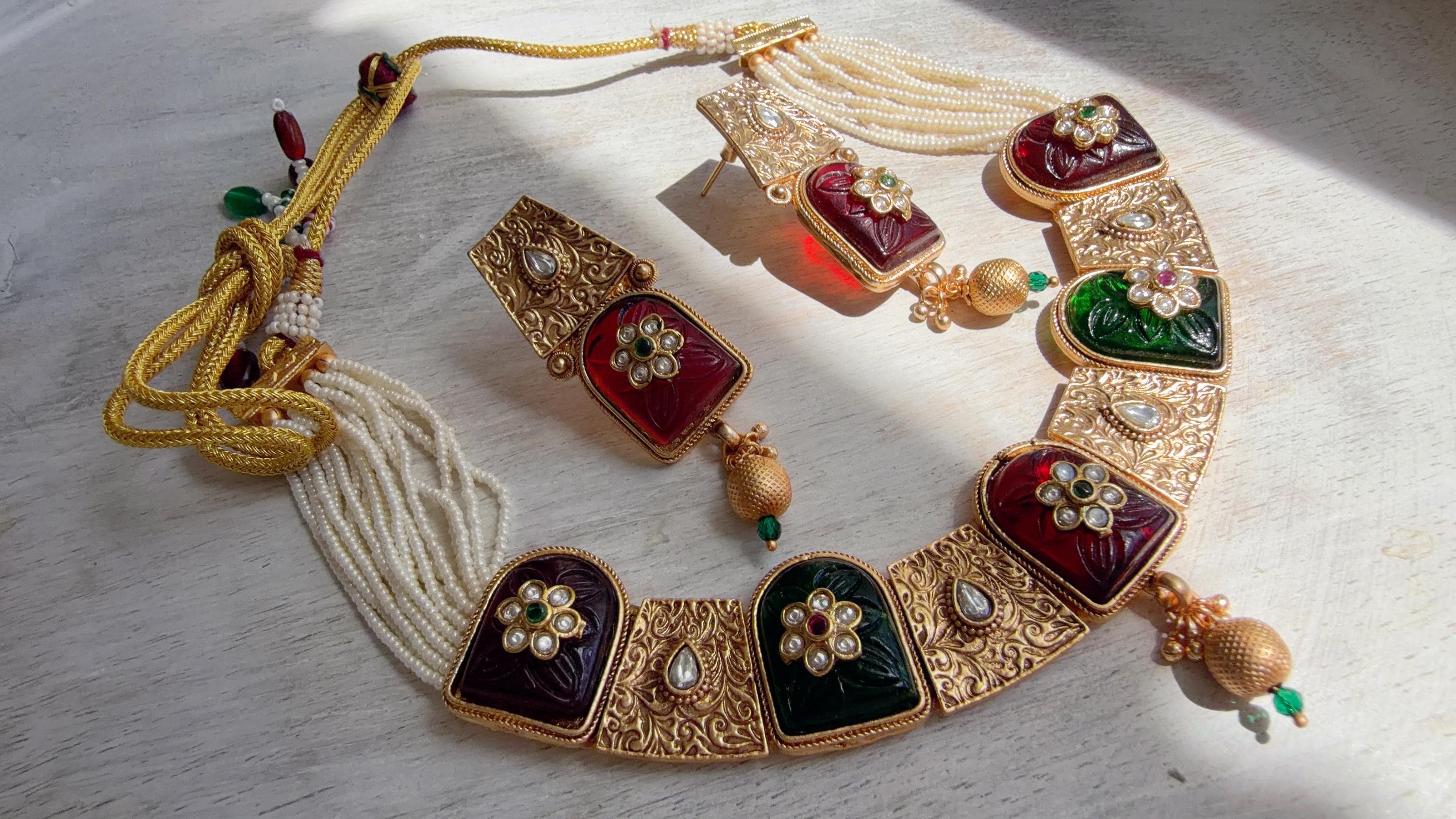 Traditional Kundan Statement Ruby Necklace Set/Indian Bridal Jewelry/Gold Finish Wedding Necklace - Heritage
