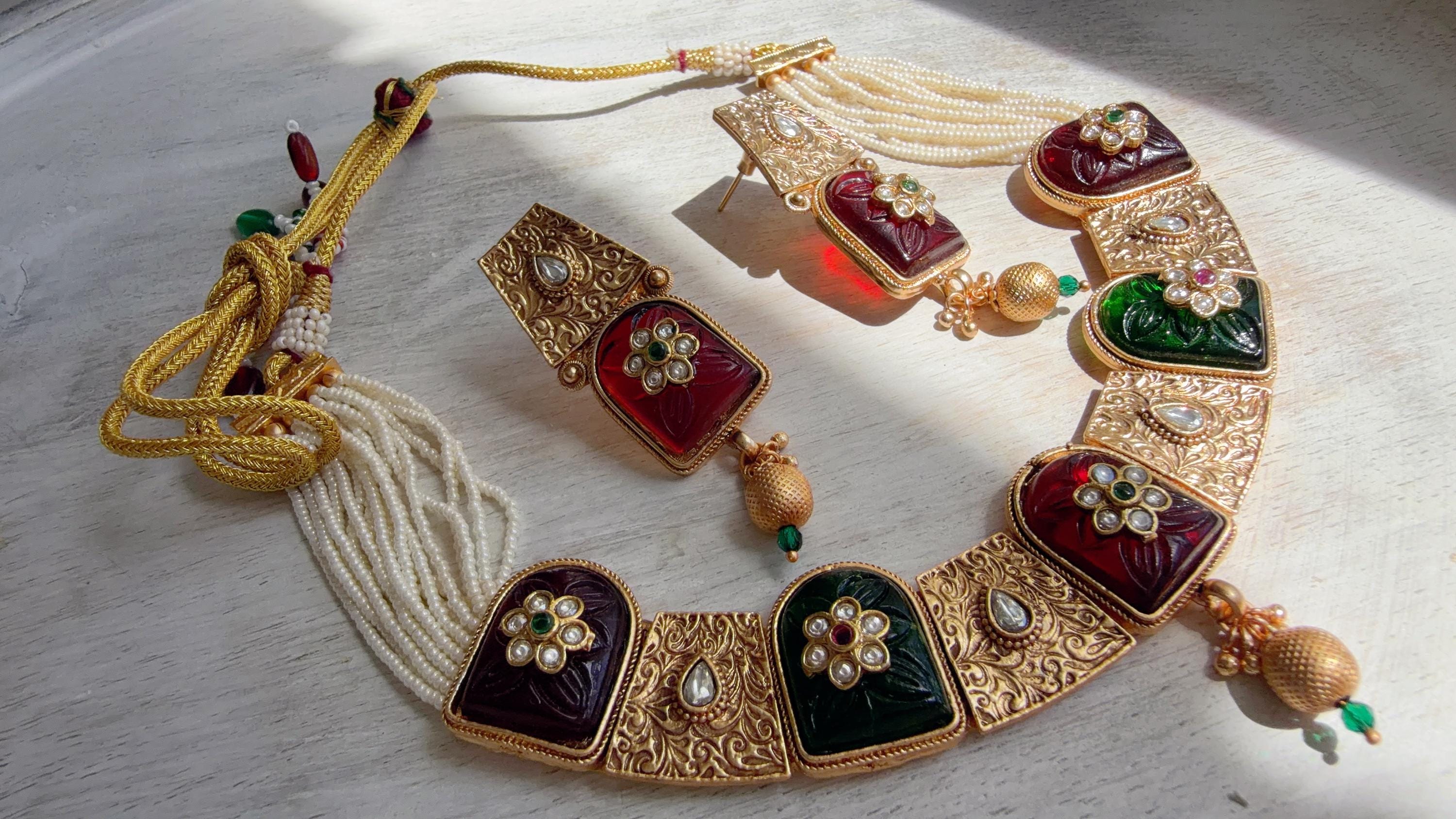 Traditional Kundan Statement Ruby Necklace Set/Indian Bridal Jewelry/Gold Finish Wedding Necklace - Heritage
