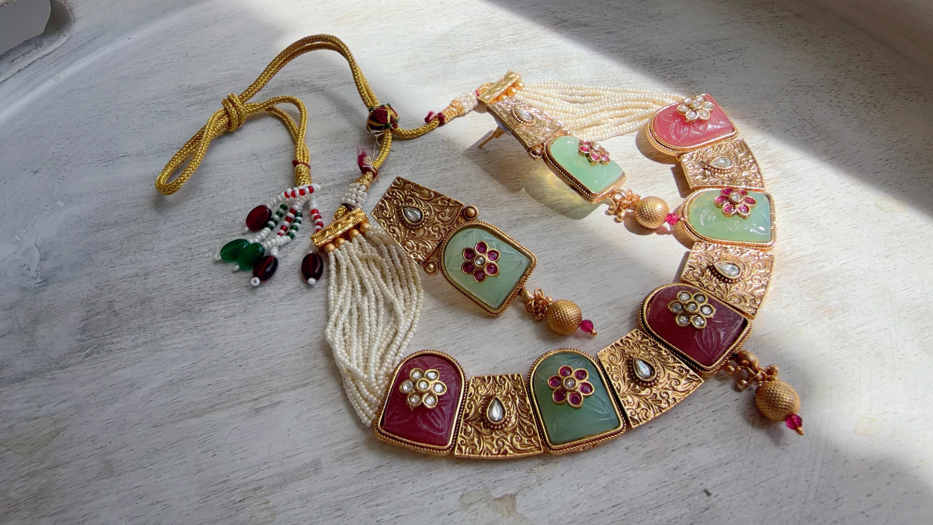 Traditional Kundan Statement Mint Pink Necklace Set/Indian Bridal Jewelry/Gold Finish Wedding Necklace - Heritage