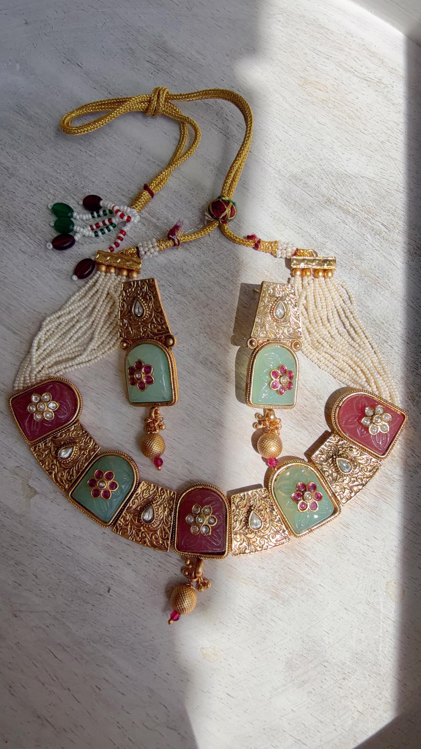 Traditional Kundan Statement Mint Pink Necklace Set/Indian Bridal Jewelry/Gold Finish Wedding Necklace - Heritage