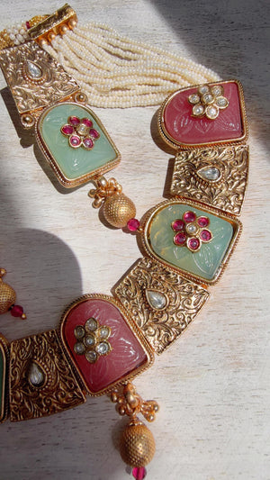 Traditional Kundan Statement Mint Pink Necklace Set/Indian Bridal Jewelry/Gold Finish Wedding Necklace - Heritage
