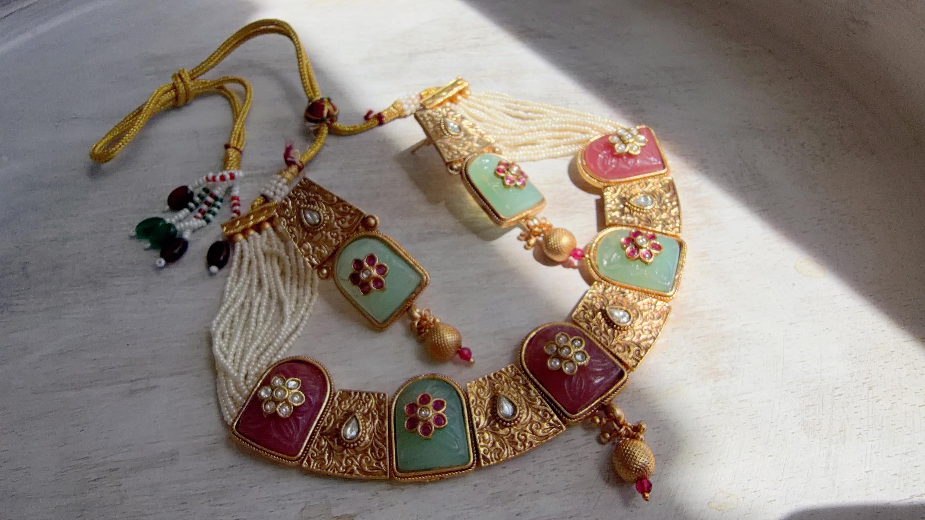Traditional Kundan Statement Mint Pink Necklace Set/Indian Bridal Jewelry/Gold Finish Wedding Necklace - Heritage